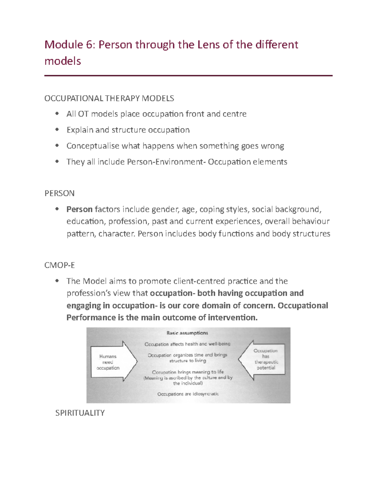 Notes Occupational Therapy Module 6 Person through the Lens of the