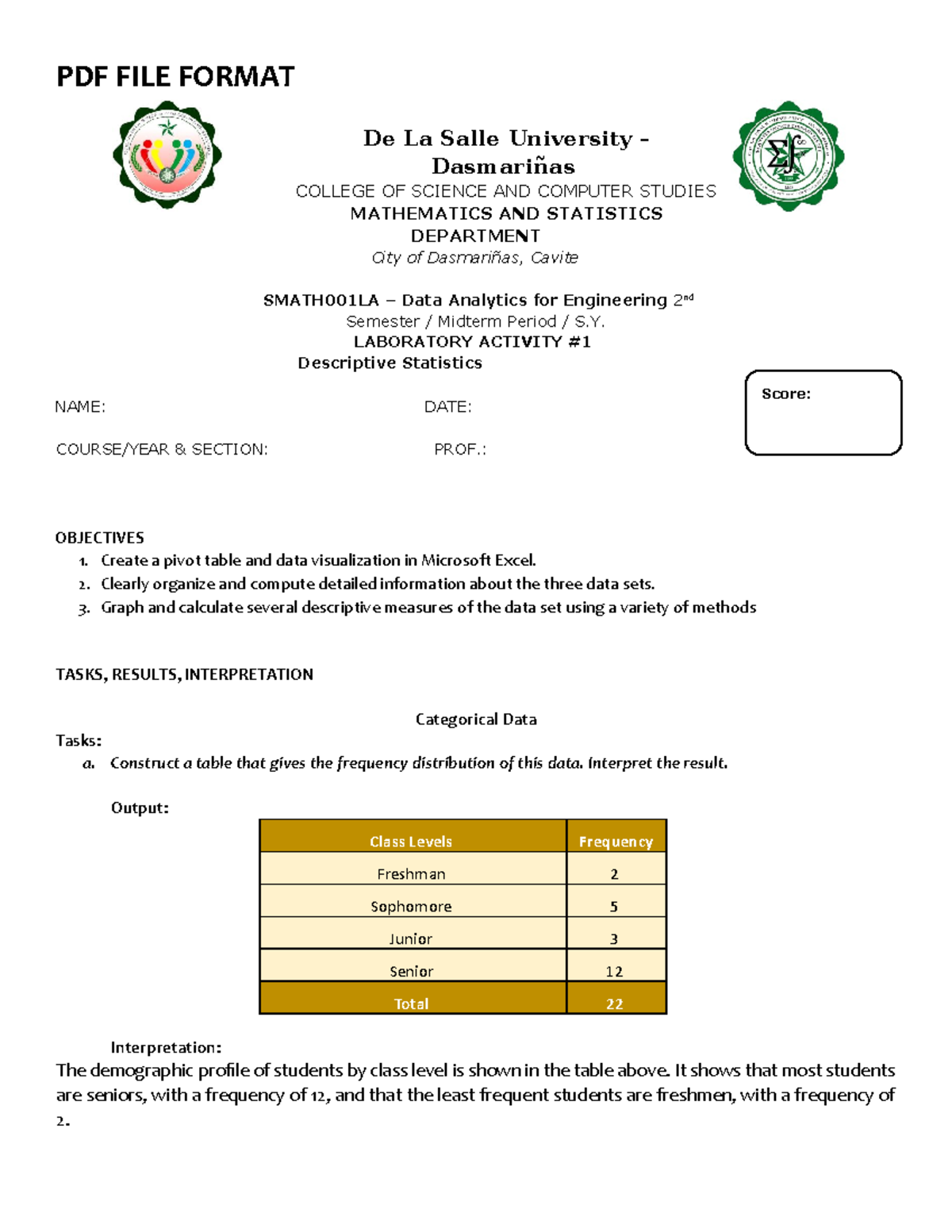 Laboratory Excercise 1 Descriptive Statistics - PDF FILE FORMAT De La ...