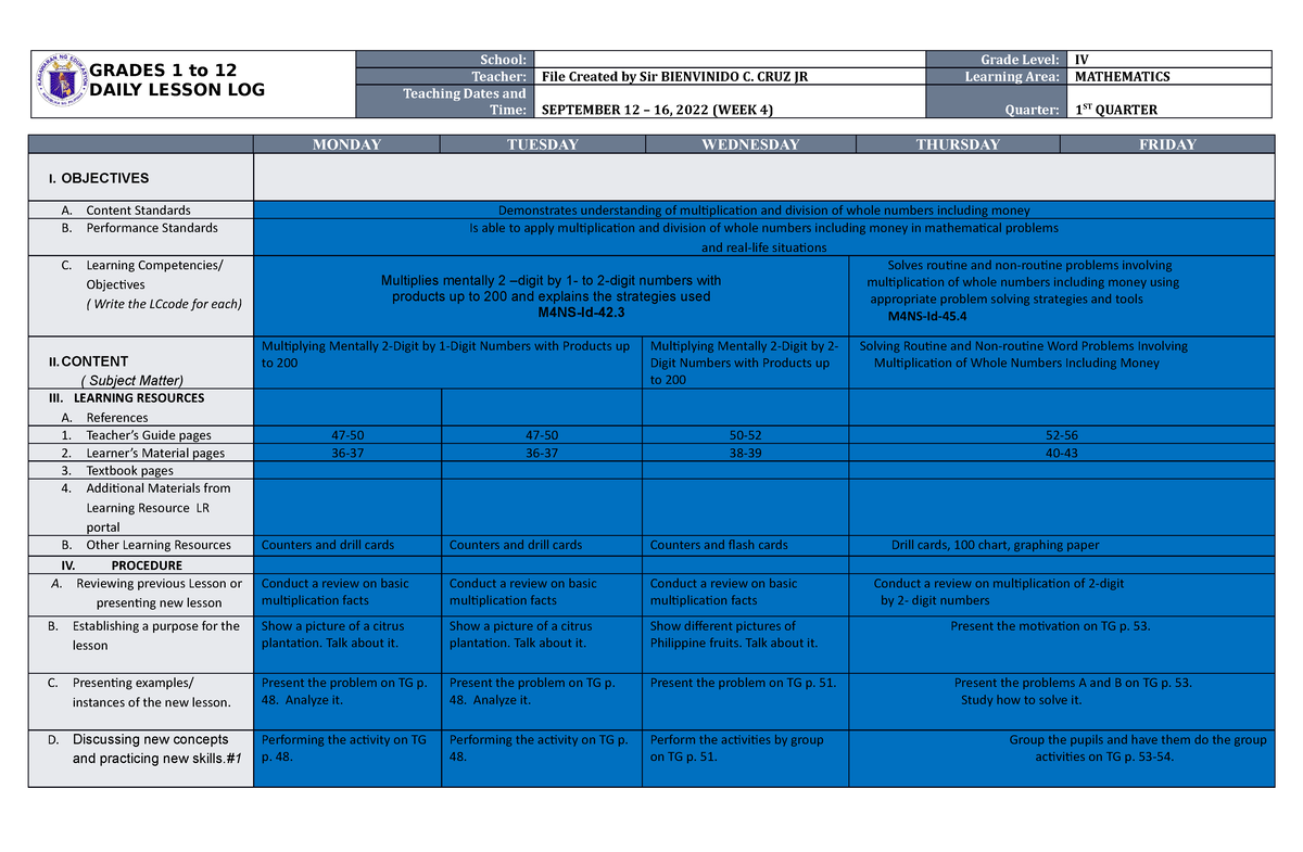 DLL Mathematics 4 Q1 W4 - Dll - GRADES 1 To 12 DAILY LESSON LOG School ...