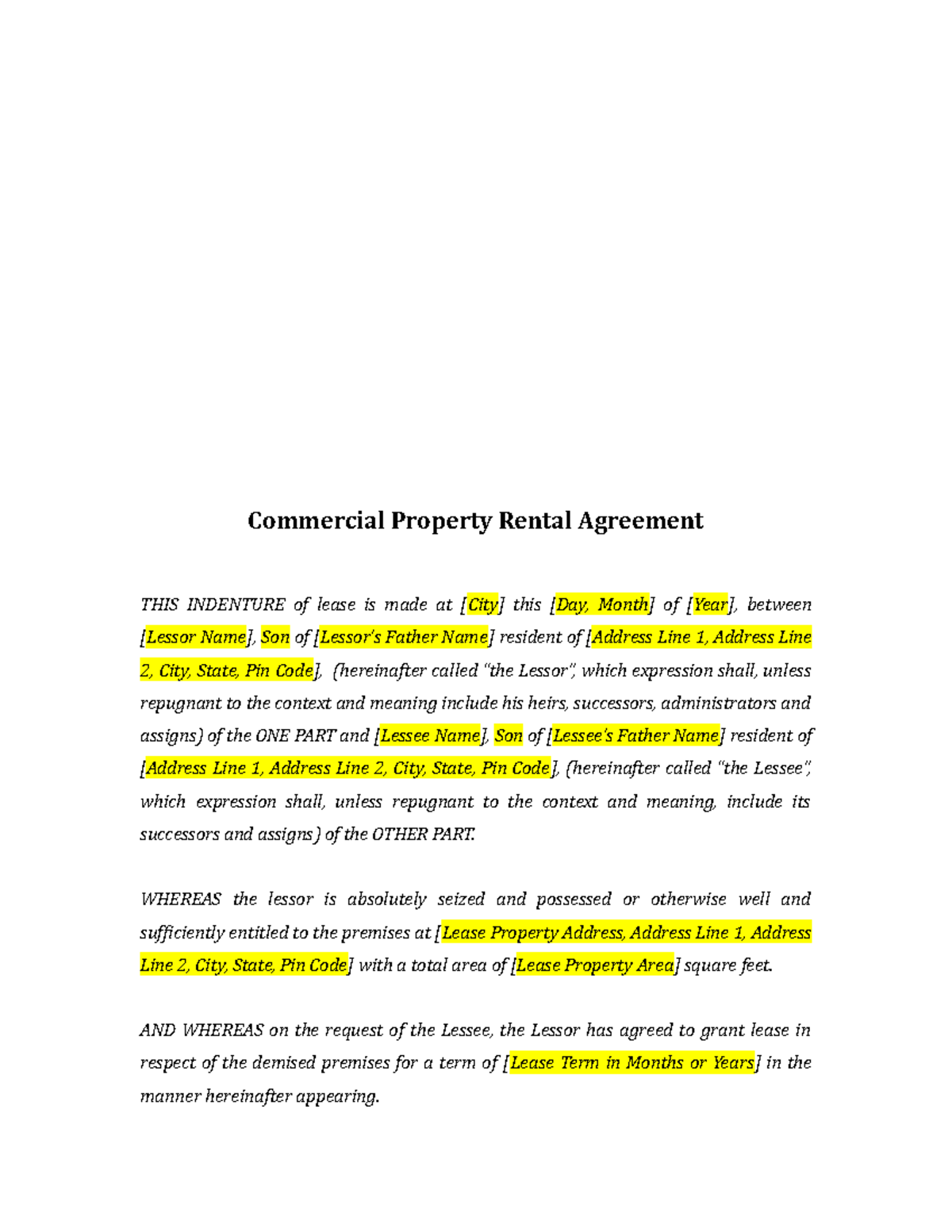Commercial Property Rental Agreement Format Drafting Pleading 