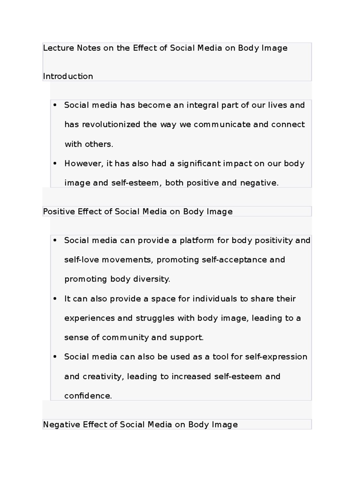 Lecture Notes on the Effect of Social Media on Body Image - Lecture ...