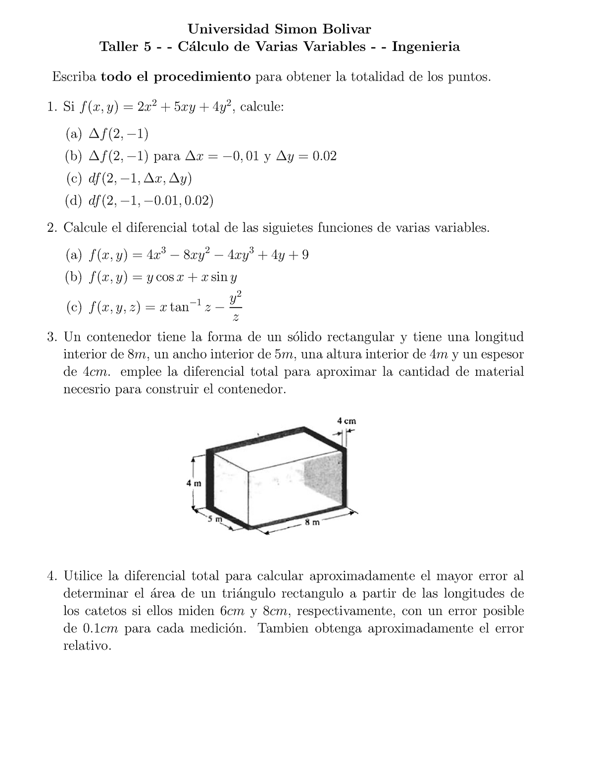 Taller #5 (Calculo Varias Variables) - Universidad Simon Bolivar Taller ...