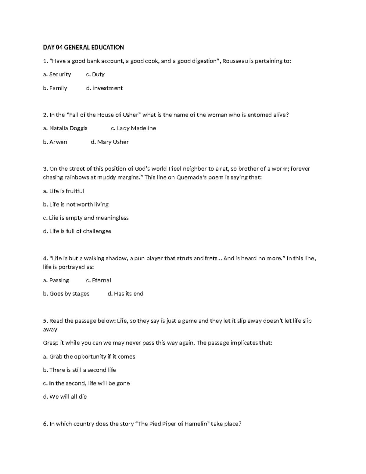 DAY 4 General Education - DAY 04 GENERAL EDUCATION “Have a good bank ...