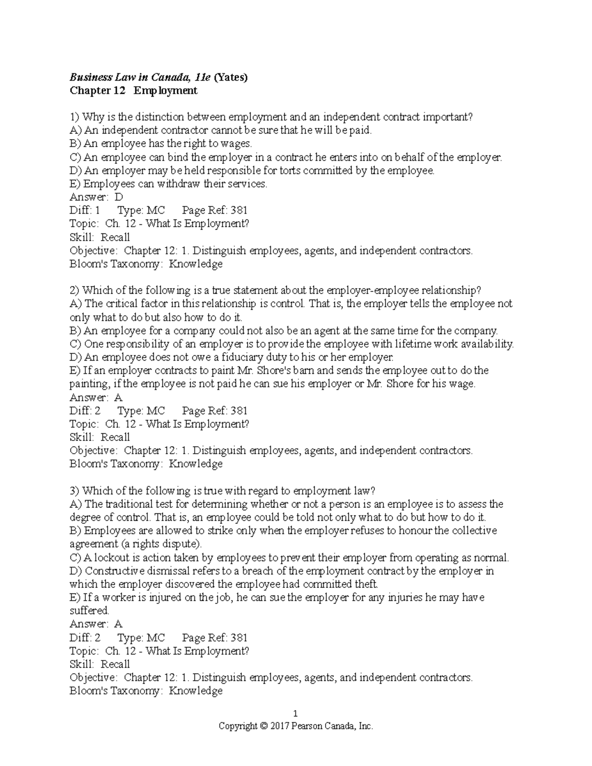 Yates Ch12 Test Bank Business Law In Canada 11e Yates Chapter 12 