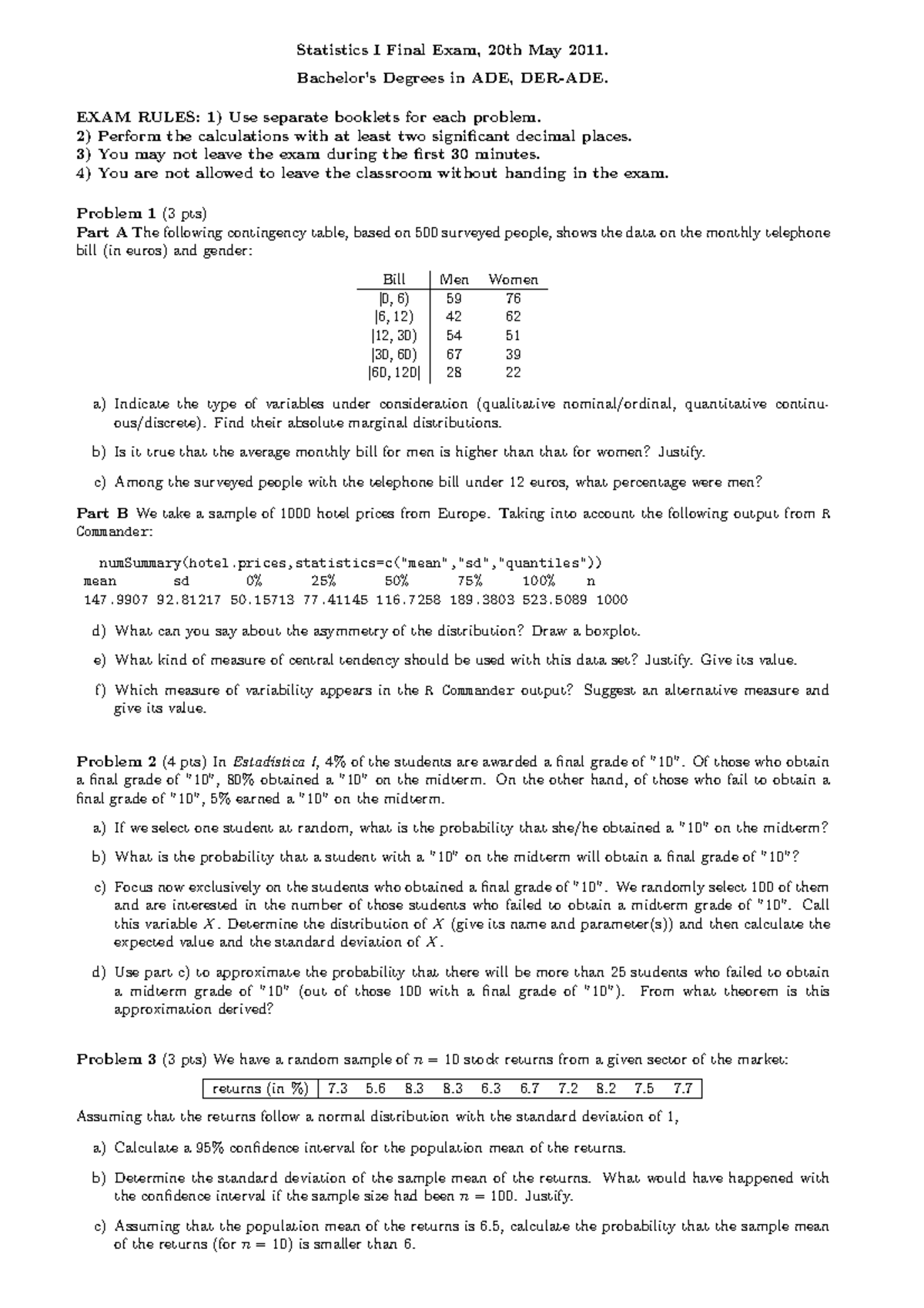 Est - Exam - Statistics I Final Exam, 20th May 2011. Bachelor’s Degrees ...