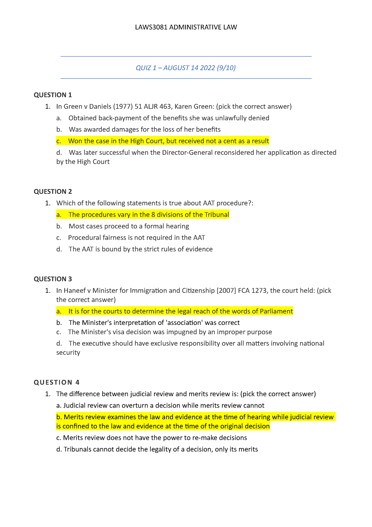 QUIZ 1 - ADMINISTRATIVE LAW QUIZ 1 - LAWS3081 ADMINISTRATIVE LAW QUIZ 1 ...