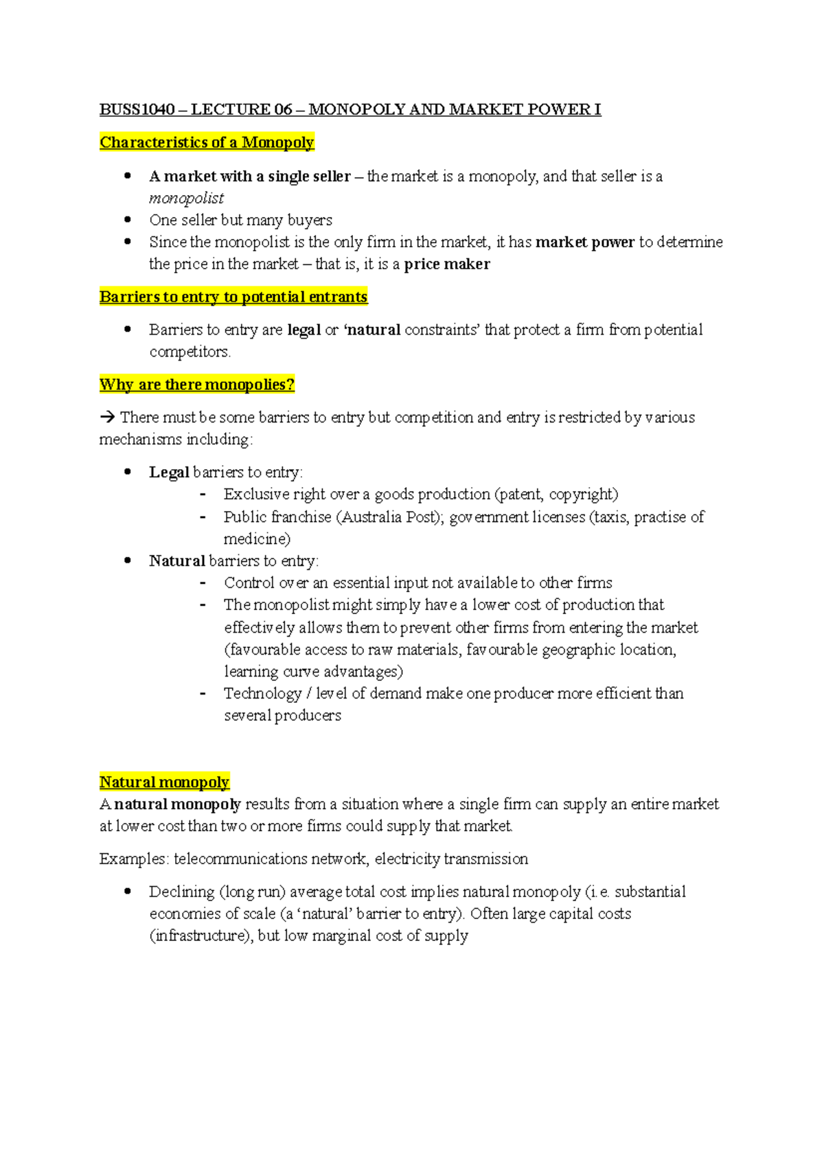 BUSS1040 - WEEK 06 Notes - BUSS1040 – LECTURE 06 – MONOPOLY AND MARKET ...