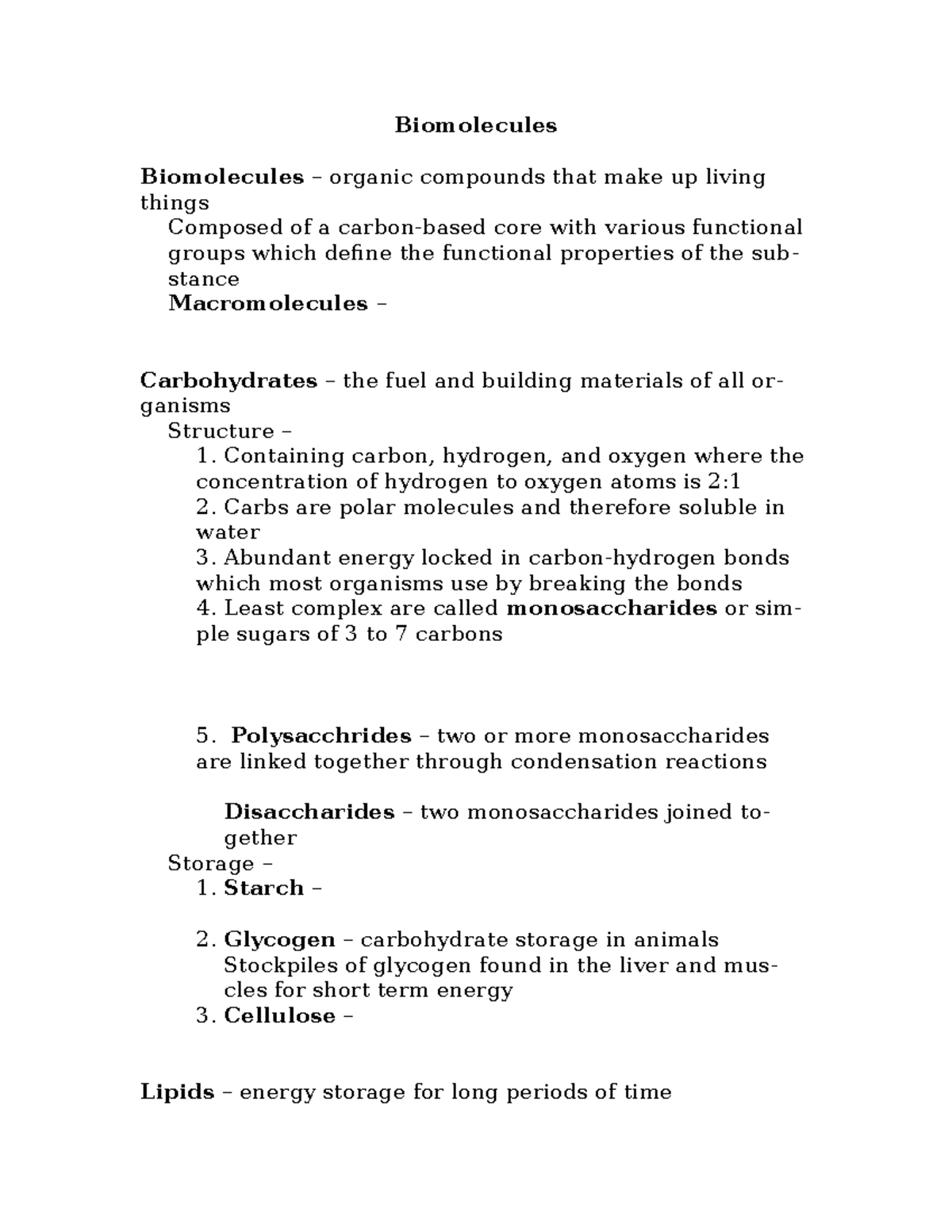 Biomolecules Handout Biomolecules Biomolecules organic compounds