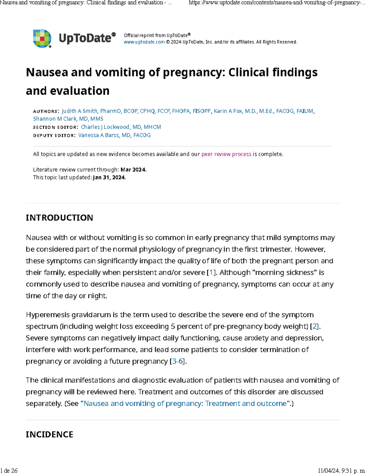 Nausea and vomiting of pregnancy Clinical findings and evaluation - Up ...