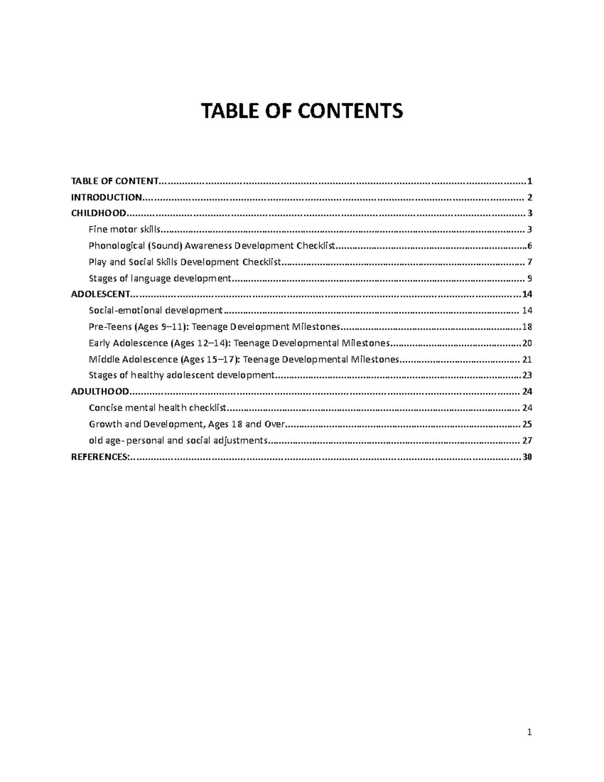 Developmental Checklist Compilation - TABLE OF CONTENTS TABLE OF - Studocu