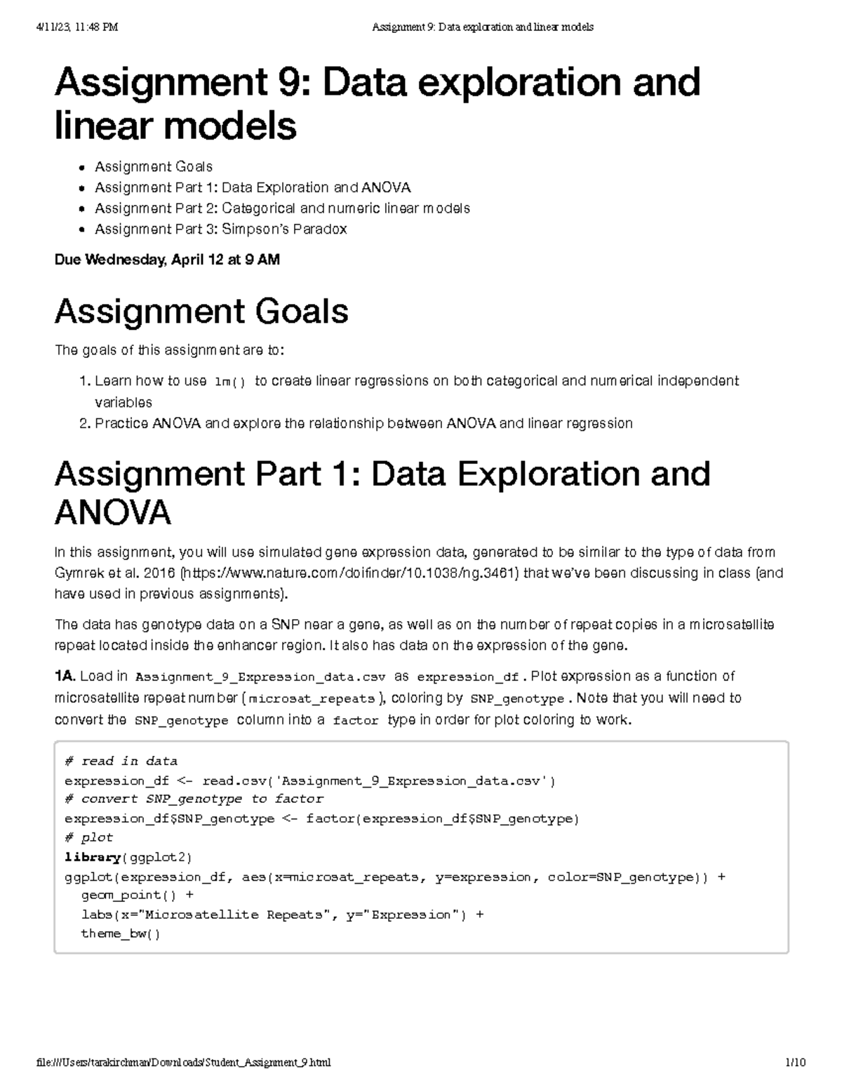 Assignment 9 Data exploration and linear models - Assignment 9: Data ...
