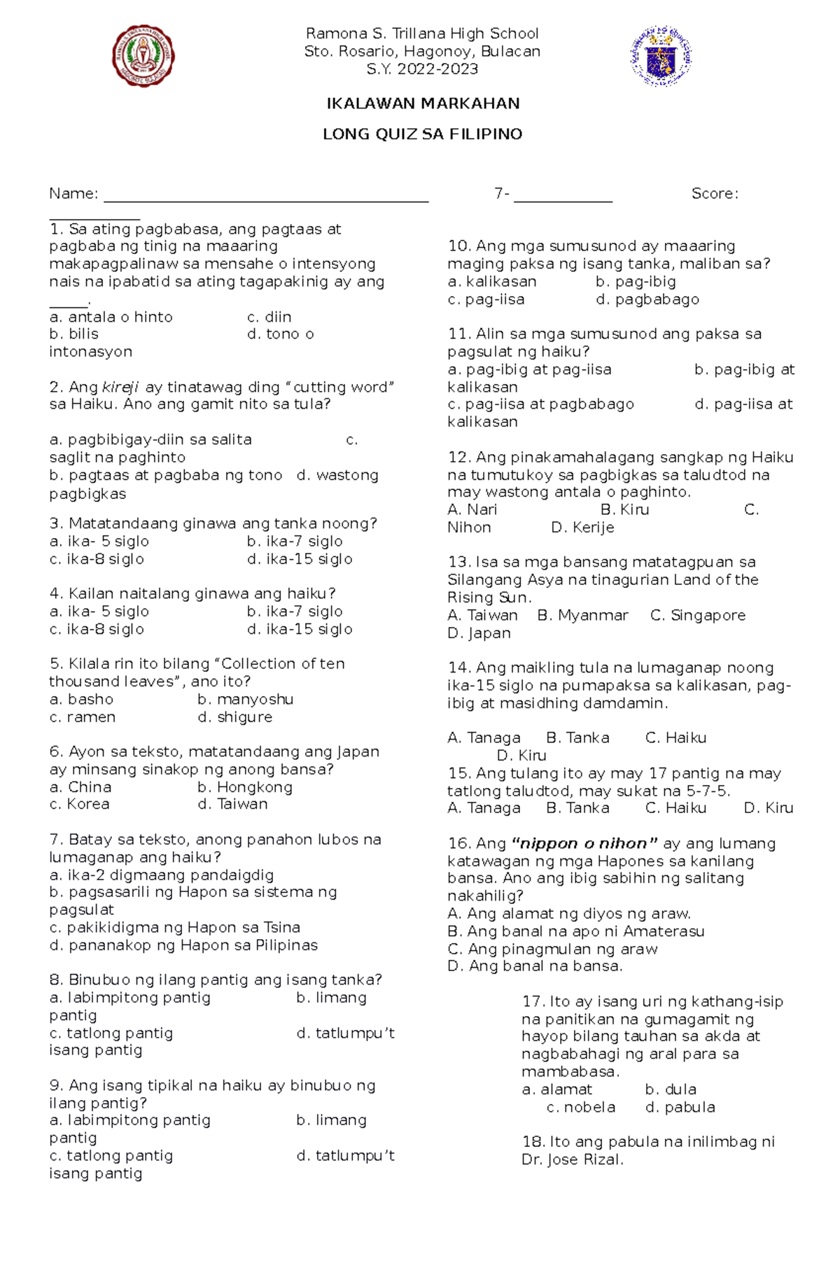LONG QUIZ Filipino 2Q - Ramona S. Trillana High School Sto. Rosario ...
