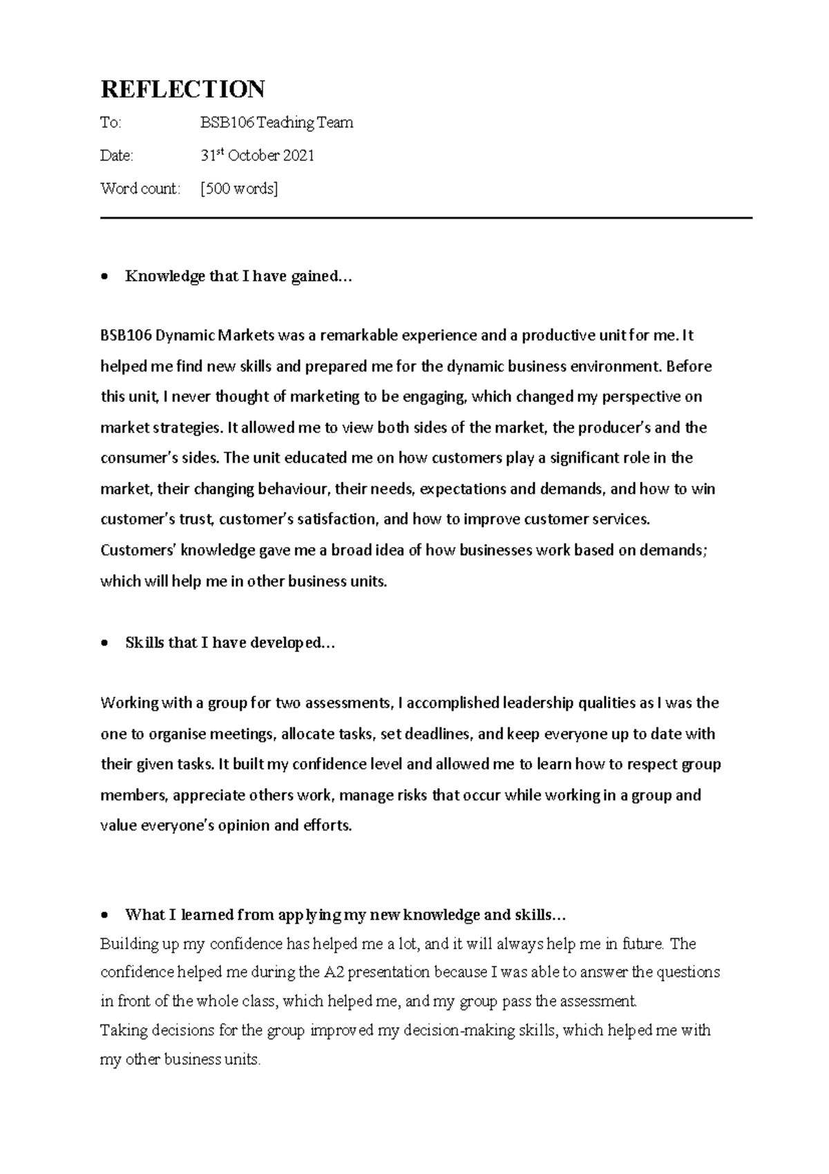 BSB106 Reflection - REFLECTION To: BSB106 Teaching Team Date: 31 st ...