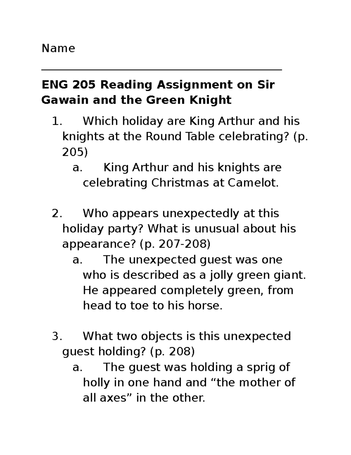 sir gawain and the green knight essay questions