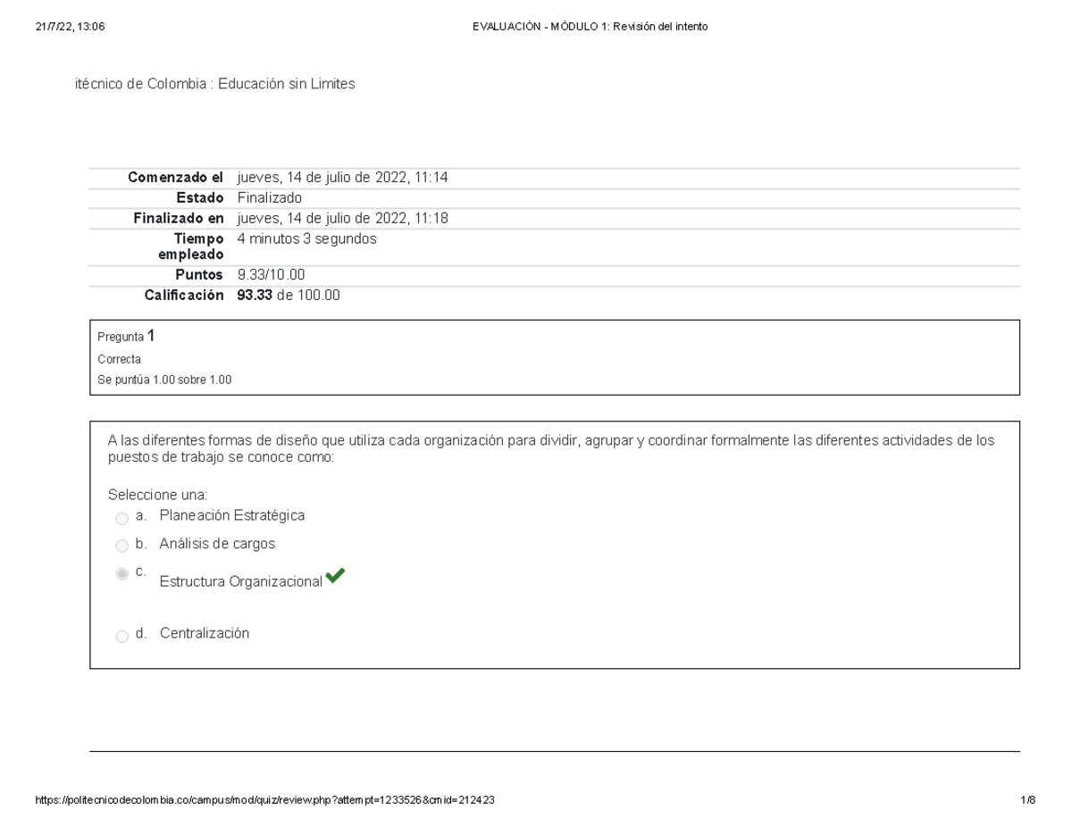 Evaluación - Módulo 1 Revisión del intento Gestion Talento Humano