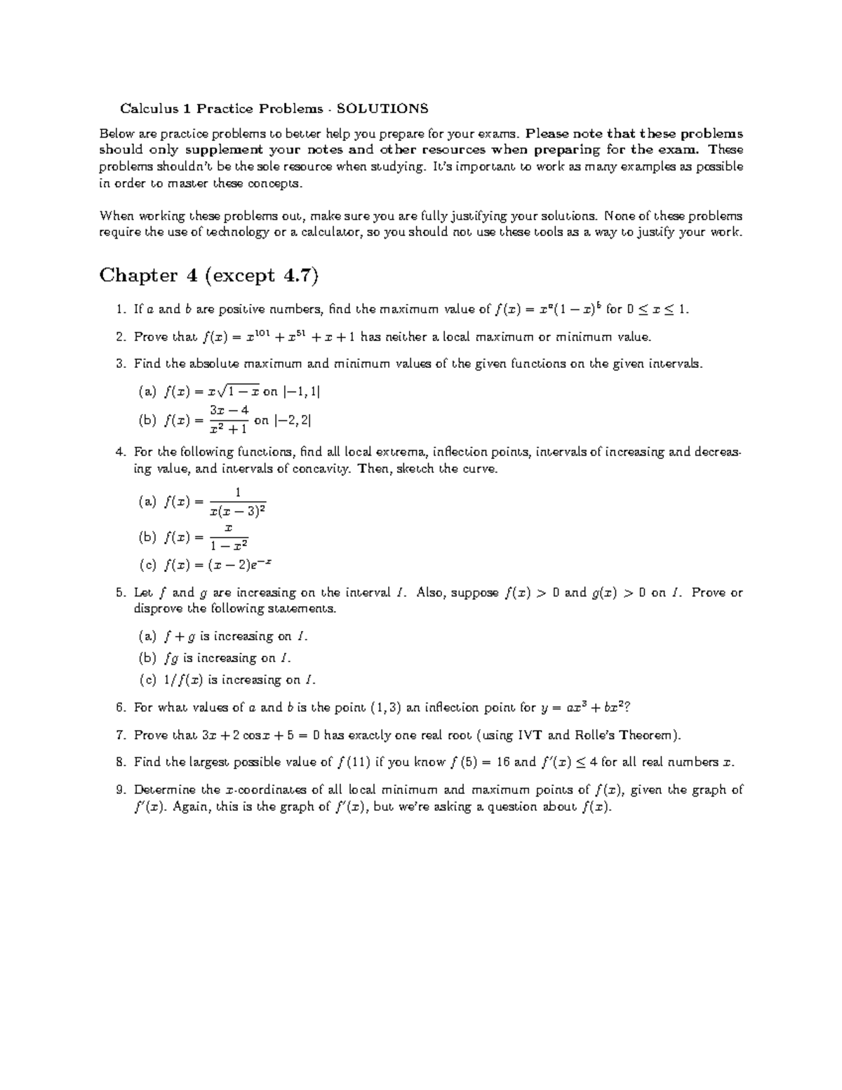 Chapter 4 Practice - Homework - Calculus 1 Practice Problems ...