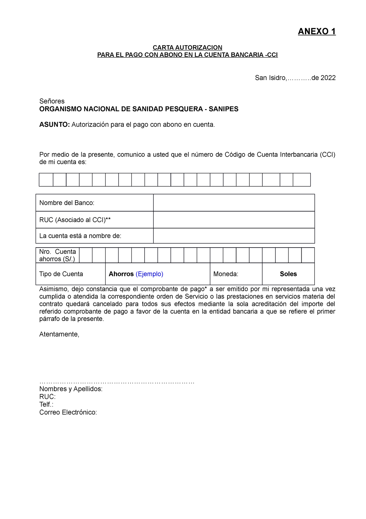 Anexos 1 Al 3 Formatos Anexo 1 Carta Autorizacion Para El Pago Con Abono En La Cuenta 1458