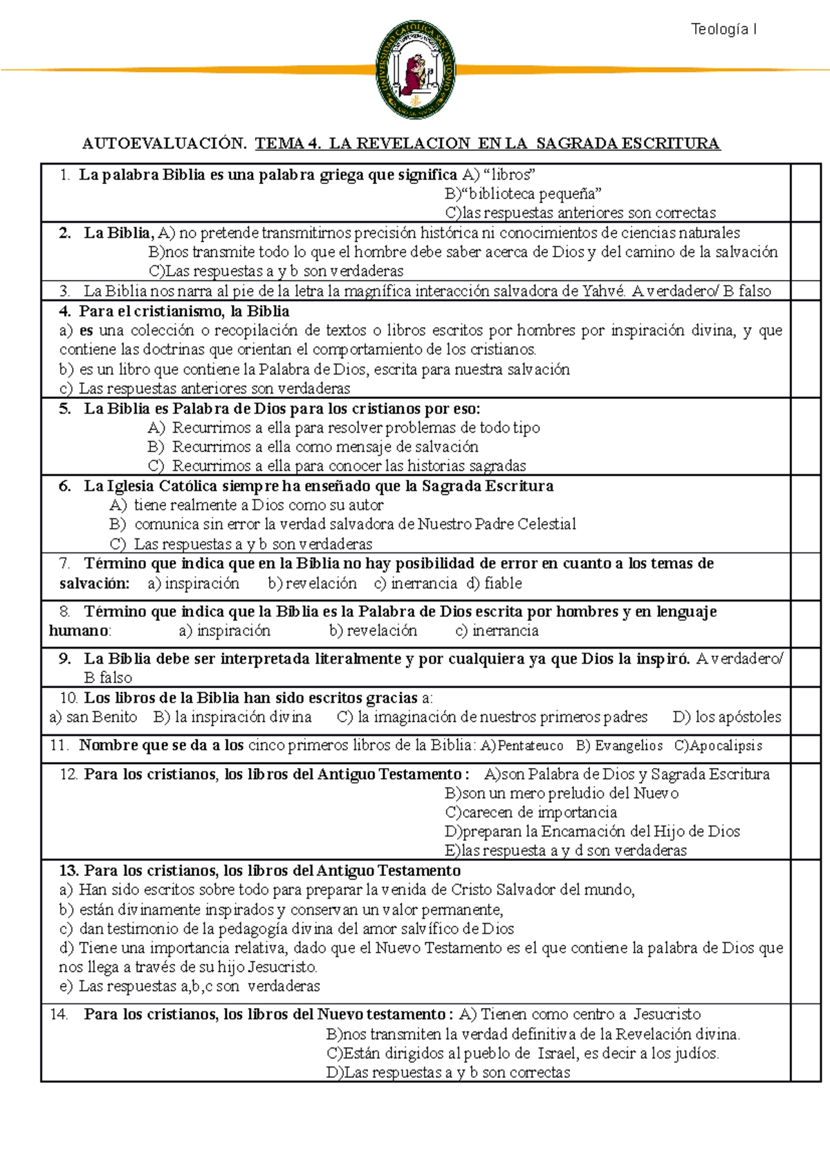 Ejercicios De Autoevaluación Temas 4 Y 5 - Teología I AUTOEVALUACIÓN ...