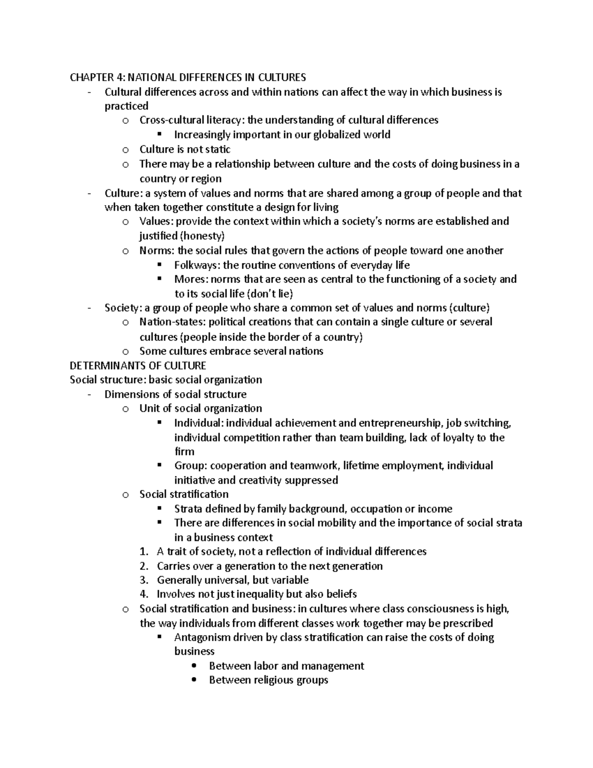 Chapter 4 Notes - CHAPTER 4: NATIONAL DIFFERENCES IN CULTURES Cultural ...