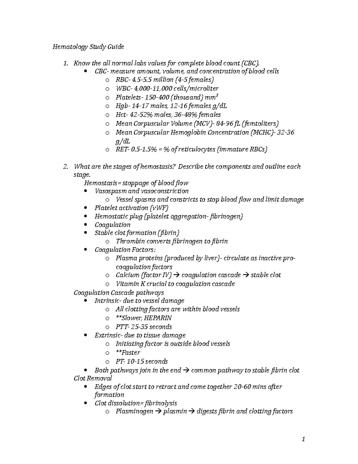 Hematology Study Guide 1 - Hematology Study Guide Know the all normal ...