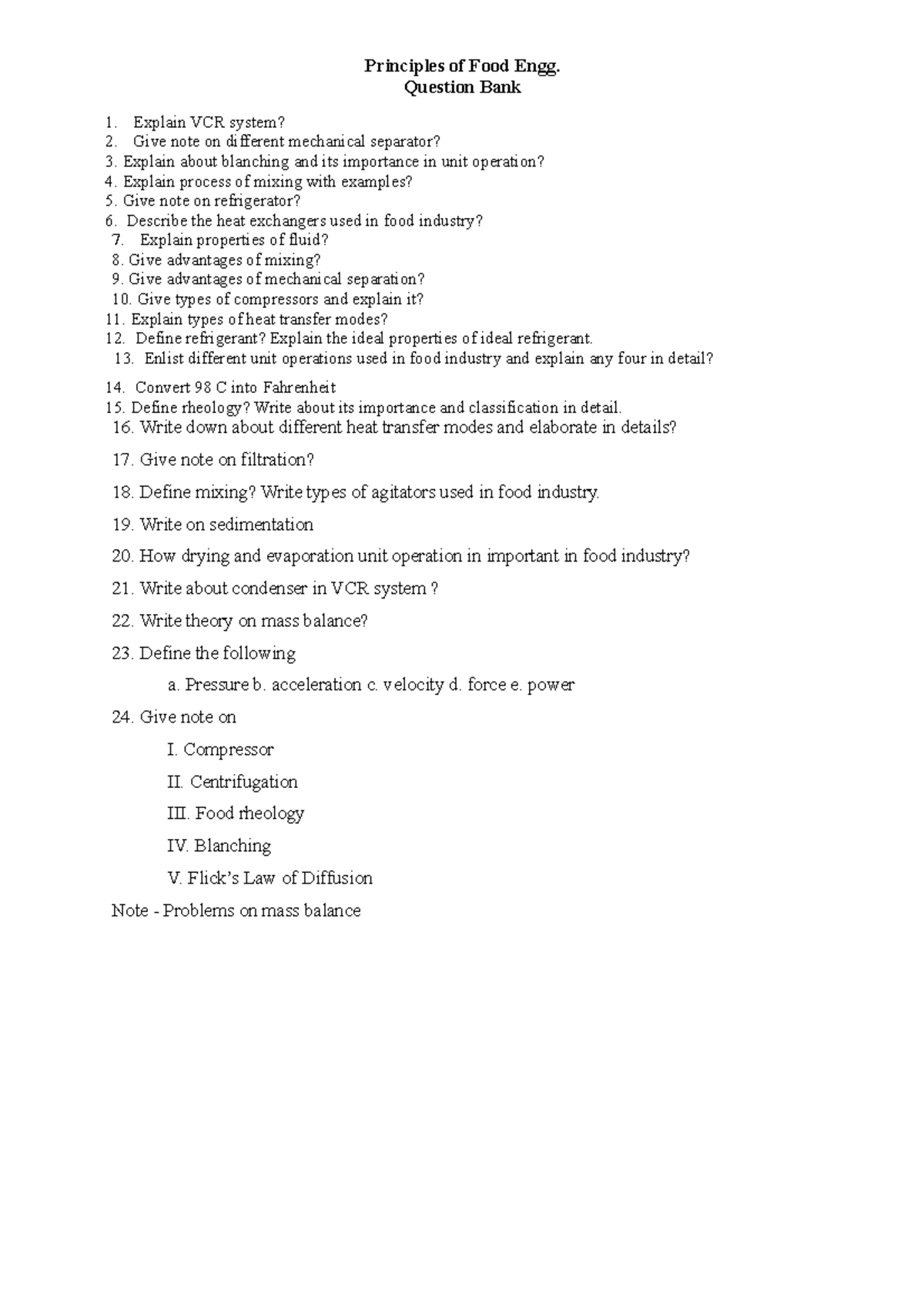 Question bank on Principles of Food Engg Principles of Food Engg