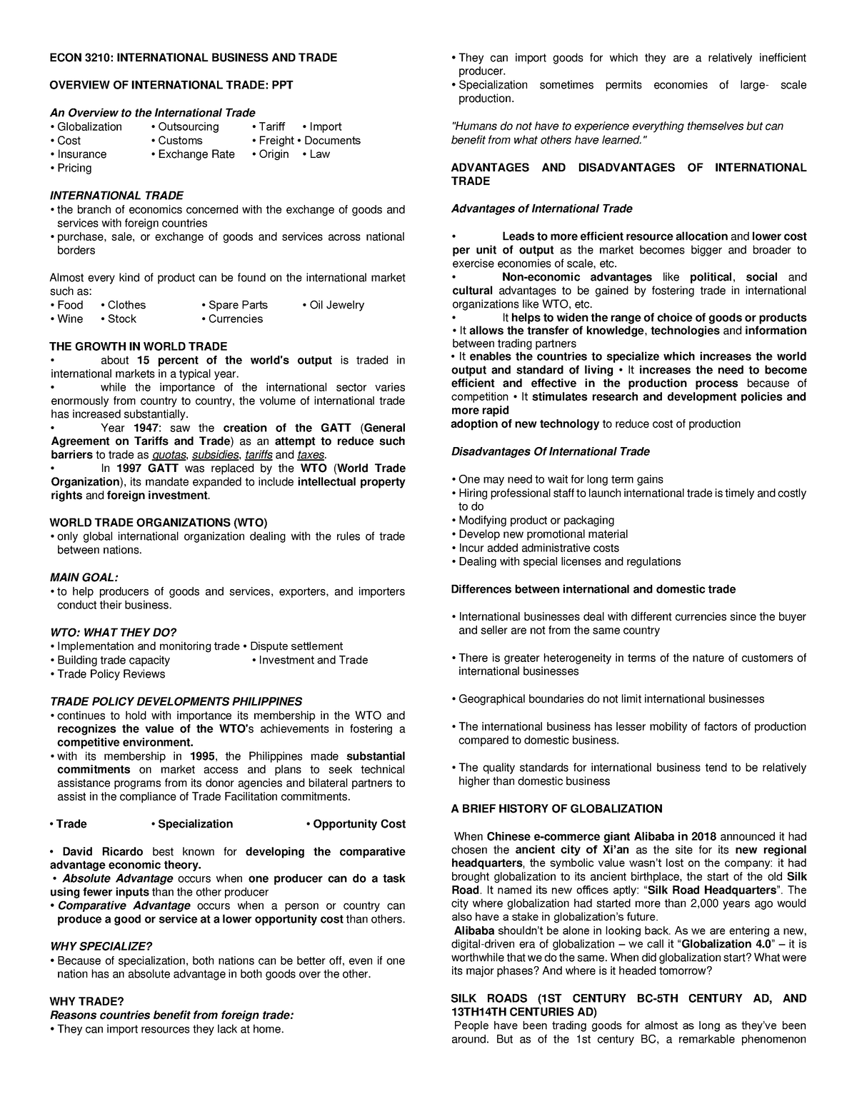 ECON- Reviewer - ECON 3210: INTERNATIONAL BUSINESS AND TRADE OVERVIEW ...