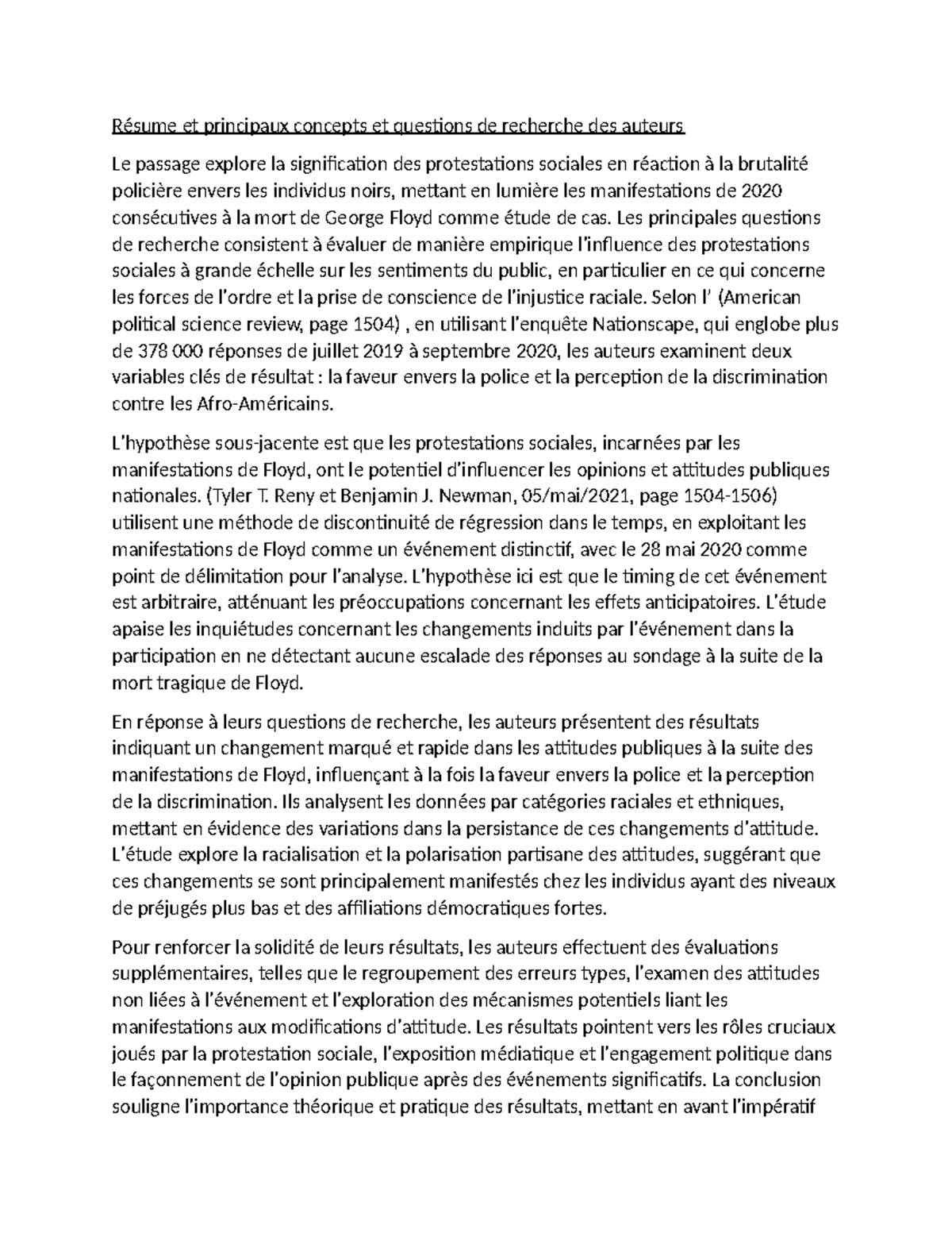 Résume et principaux concepts et questions de recherche des auteurs ...
