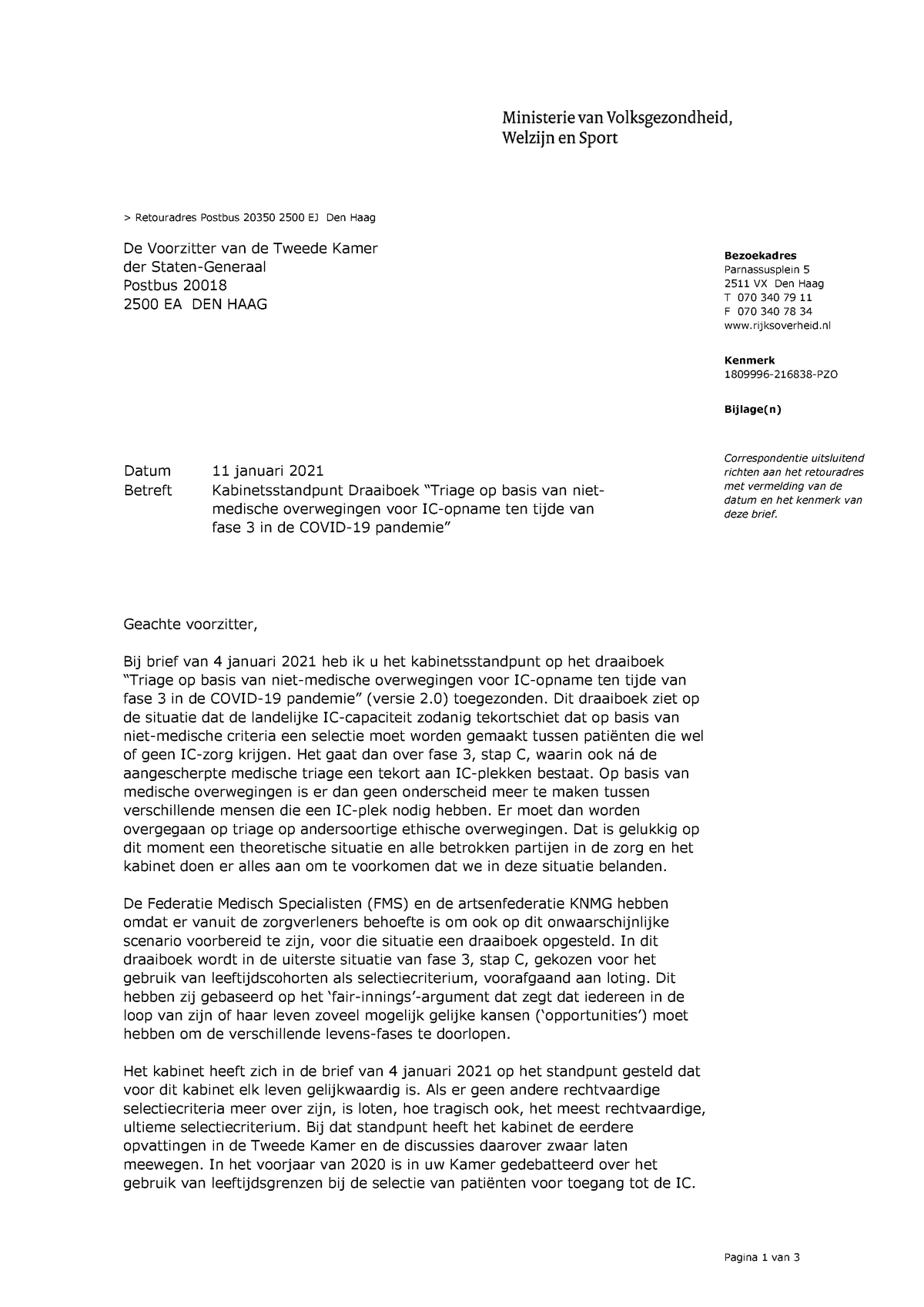 Kamerbrief Over Kabinetsstandpunt Draaiboek Triage Op Basis Van Niet ...