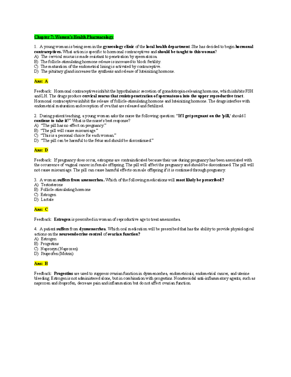 Pharm 111B Exam 1 - Practice questions - Chapter 7: Women’s Health ...