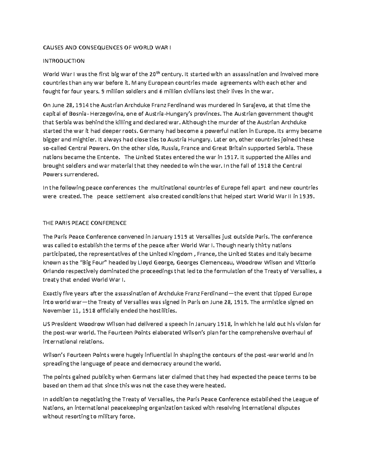 CAUSES AND CONSEQUENCES OF WORLD WAR I - Political science - Delhi ...