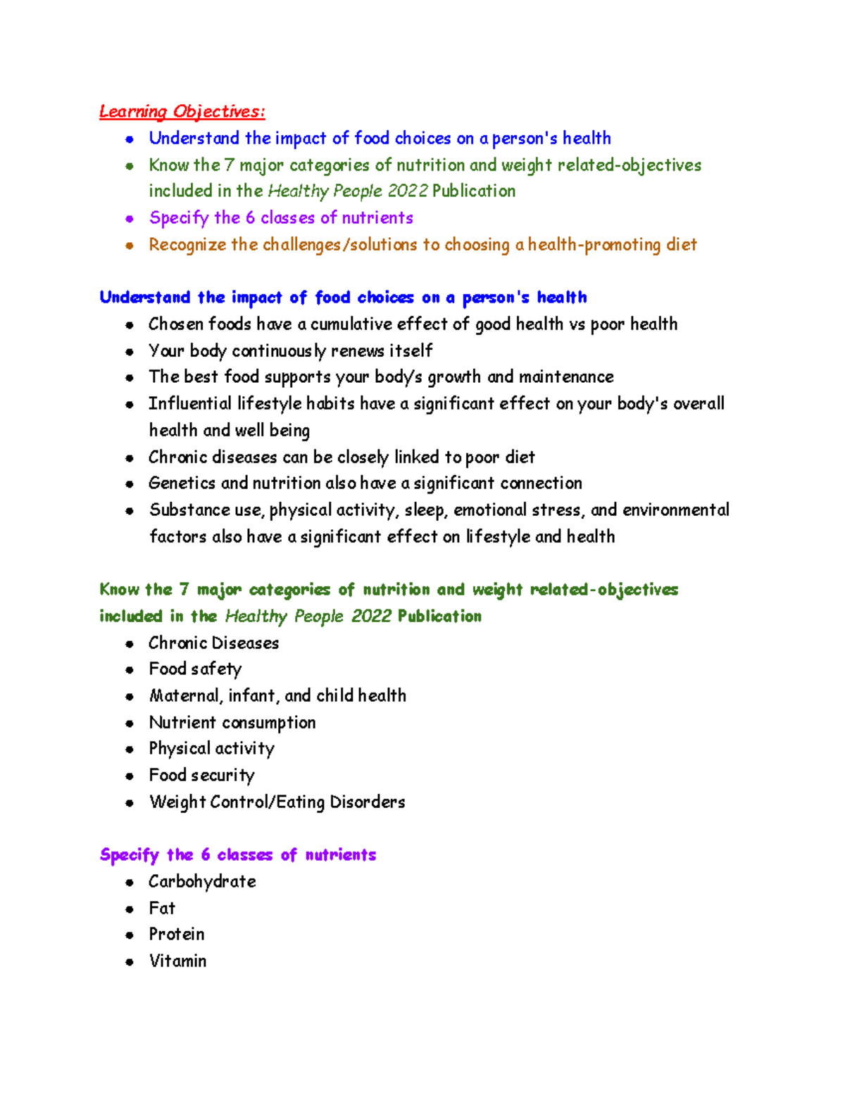 Food Choices and Human Health Nutrition Lecture Notes - Learning ...