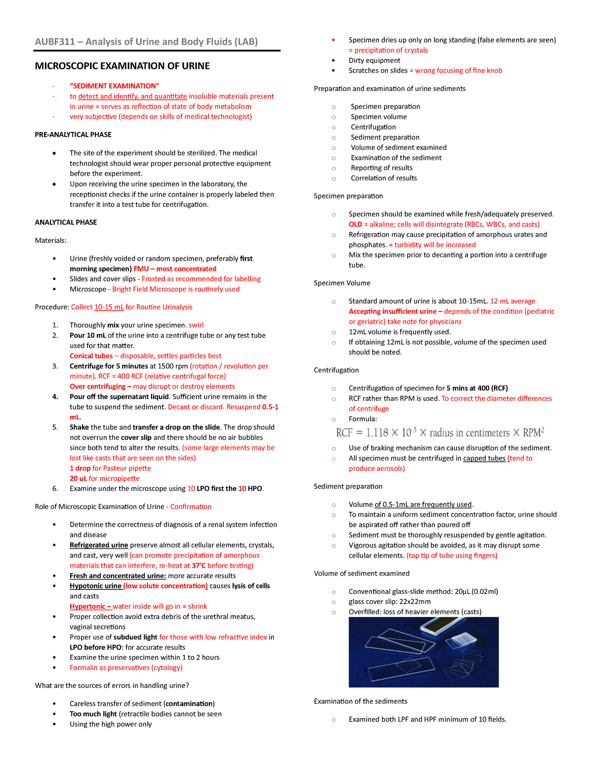 AUB F Micro Exam LAB - AUBF311 – Analysis Of Urine And Body Fluids (LAB ...