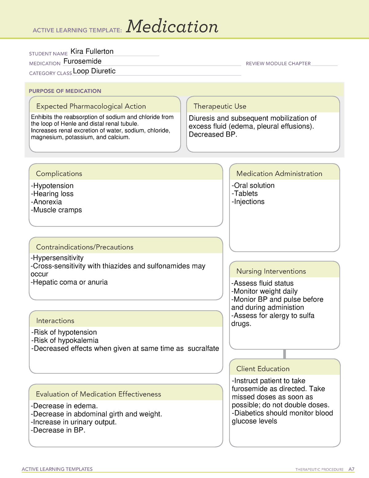 MED Furosemide ATI medications sheet ACTIVE LEARNING TEMPLATES