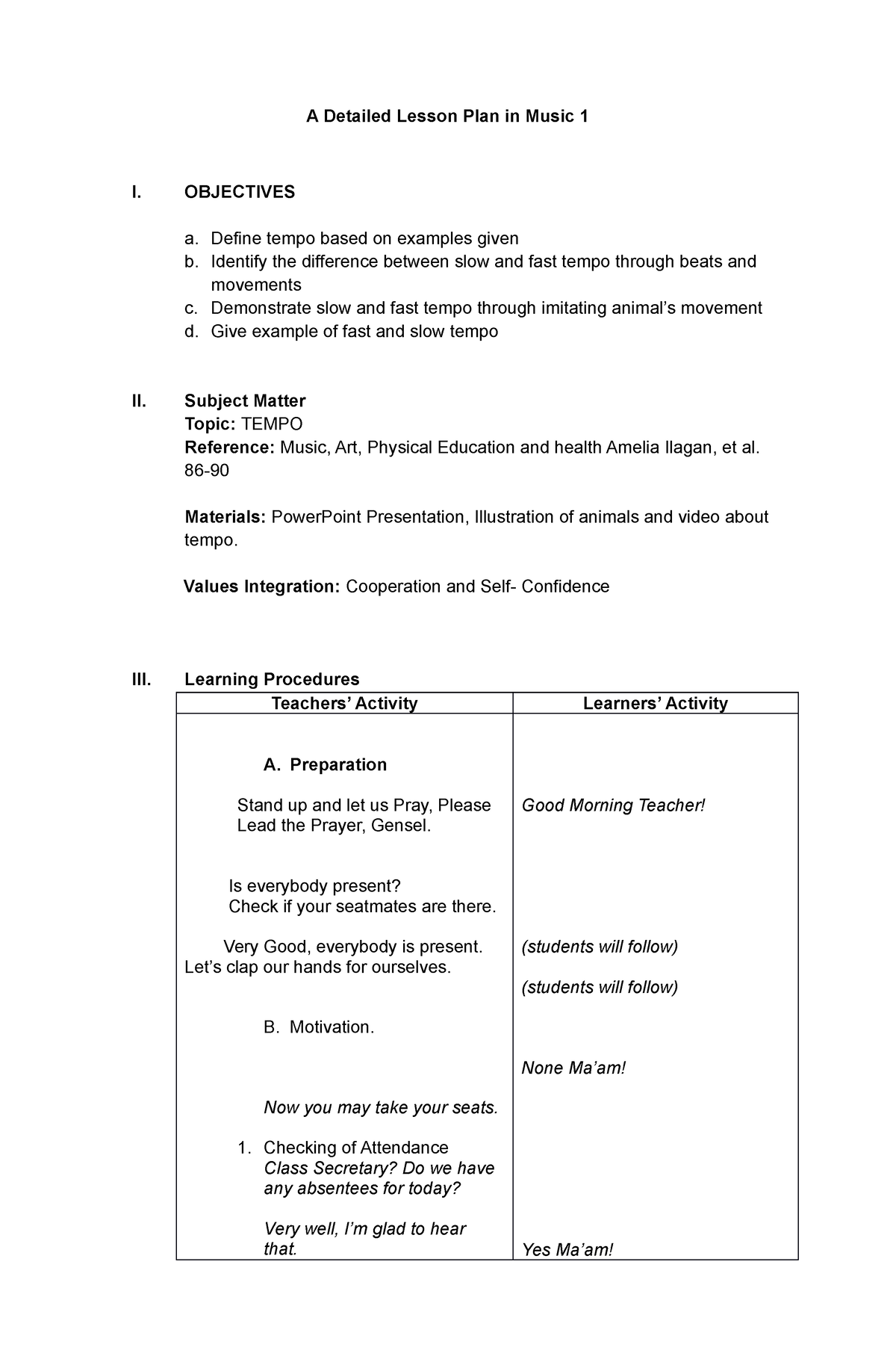 Detailed Lesson Plan in Health - A Detailed Lesson Plan in Music 1 I ...