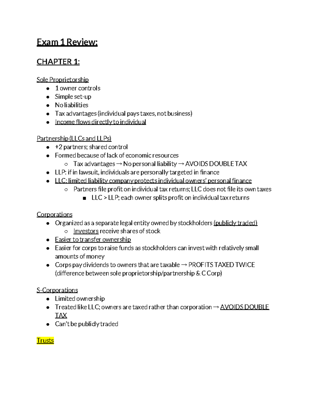 ACCT 201 Final Study Guide - Exam 1 Review: CHAPTER 1: Sole ...