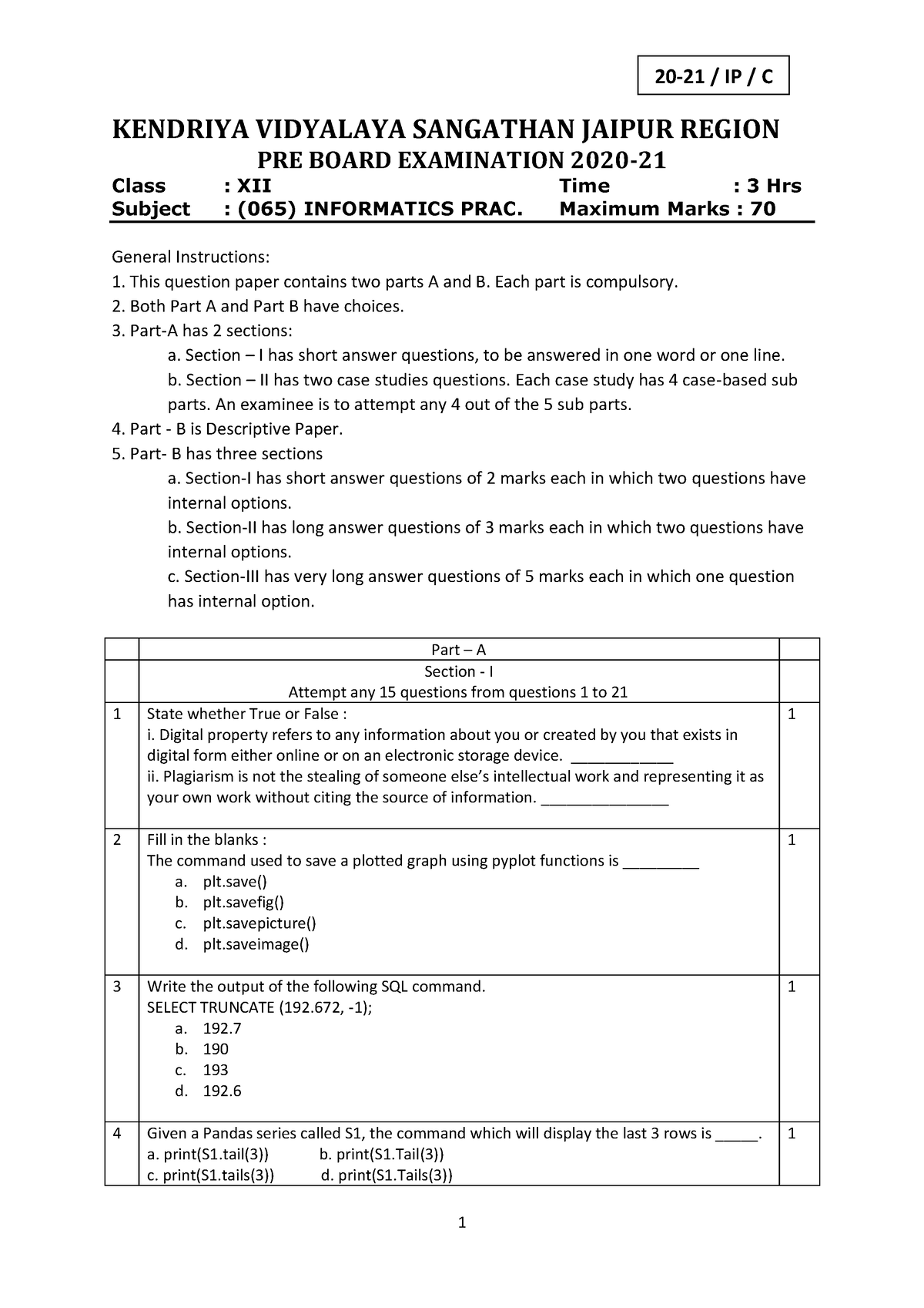 QP PRE Board CL 12 Informatic Practices Cbse - KENDRIYA VIDYALAYA ...