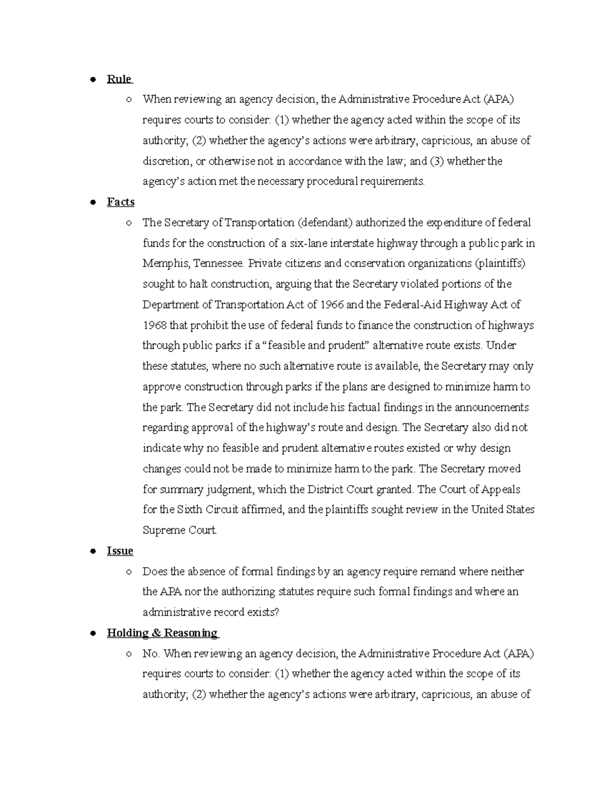 Admin Law Citizens to Preserve Overton Park, Inc. v. Volpe Rule When