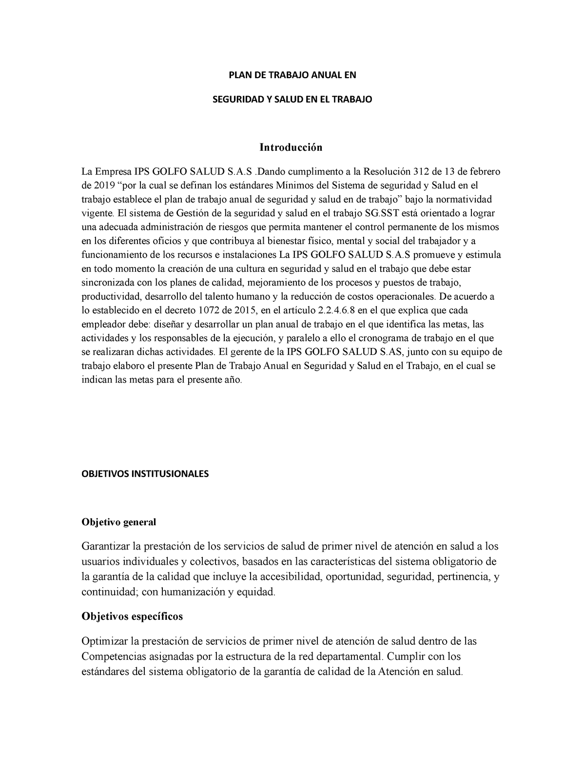 PLAN DE Trabajo Anual EN PLAN DE TRABAJO ANUAL EN SEGURIDAD Y SALUD