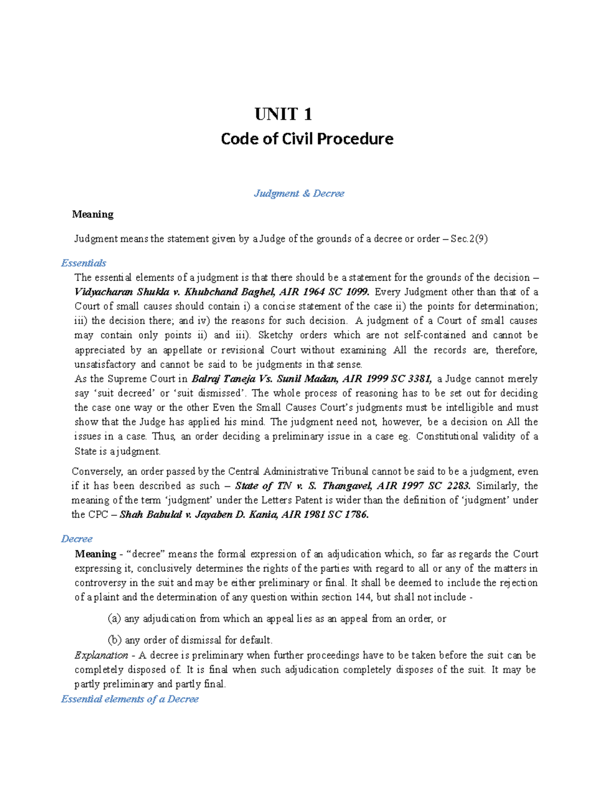 Unit I CPC UNIT 1 Code of Civil Procedure Judgment & Decree