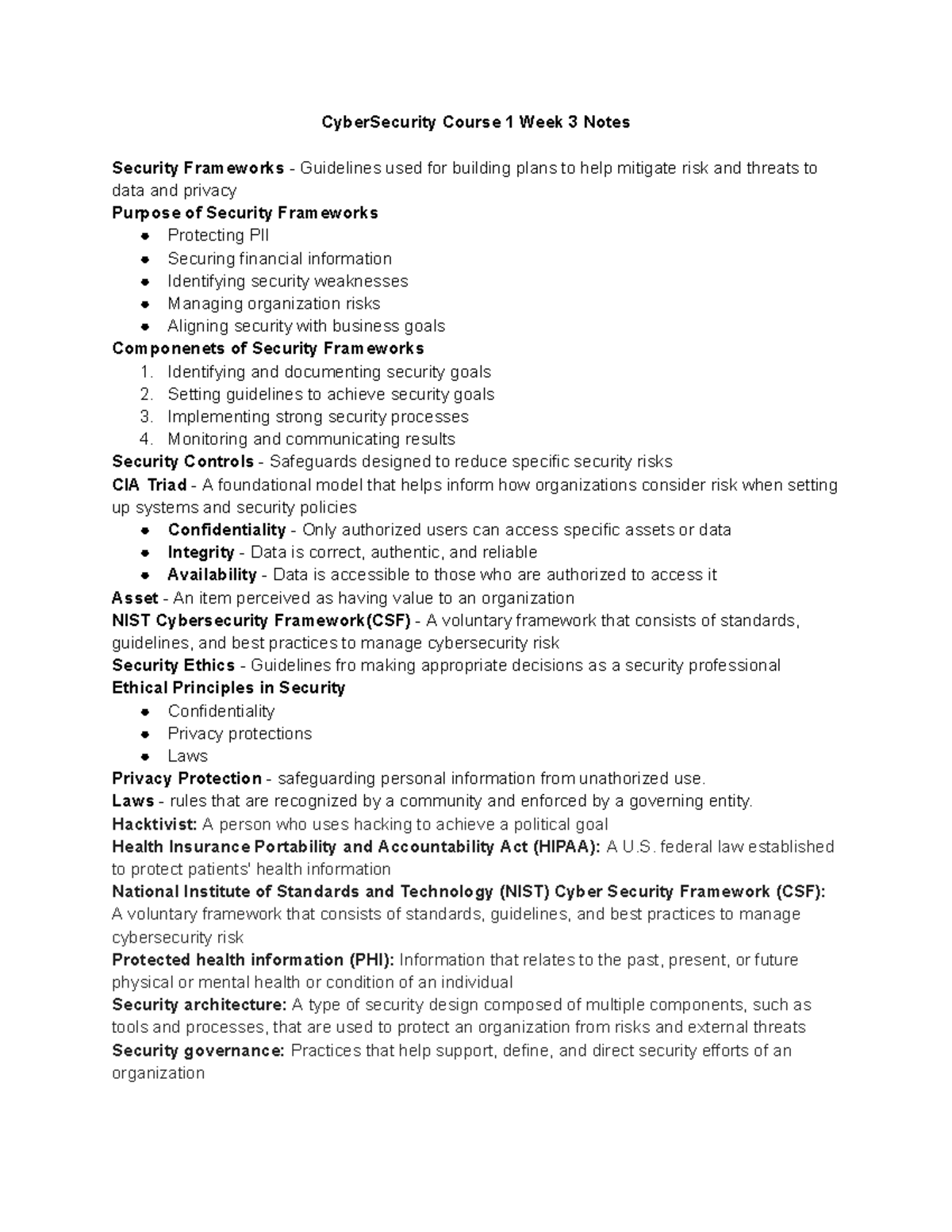 Cyber Security Course 1 Week 3 Notes - COMPSCI 476 - Bloomsburg - Studocu