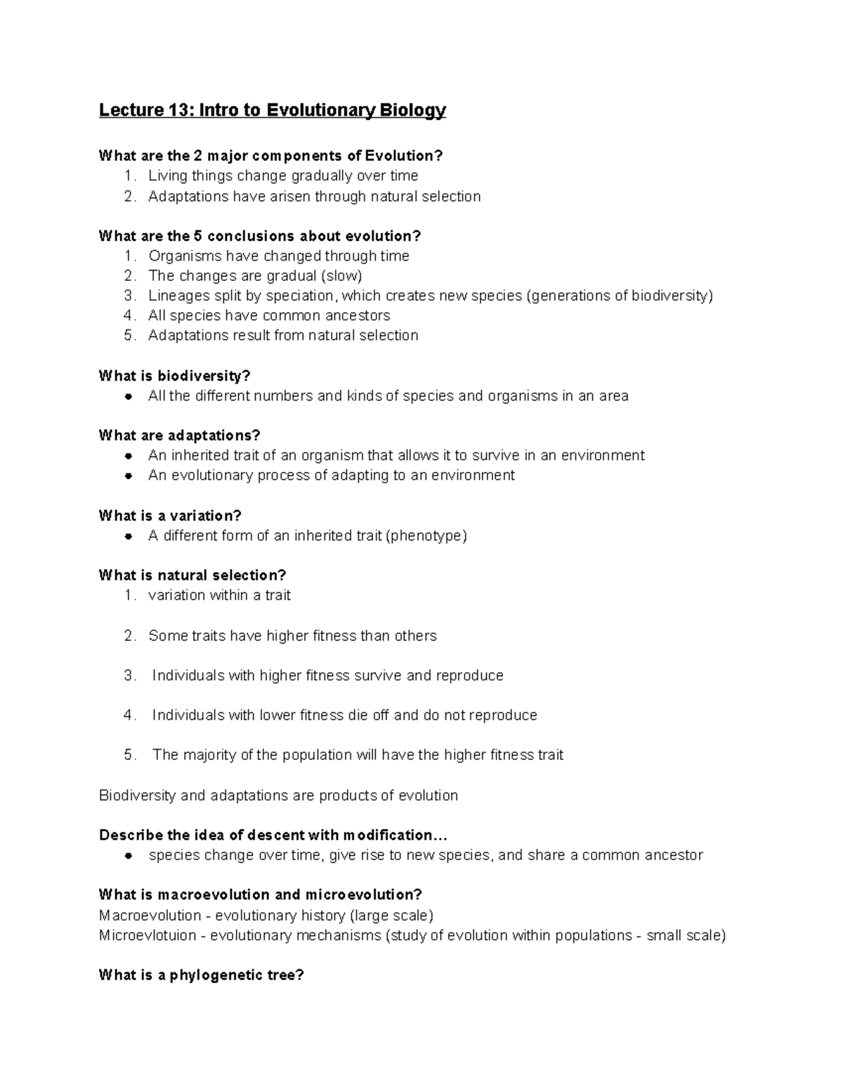 Evolution Notes - Lecture 13: Intro to Evolutionary Biology What are ...