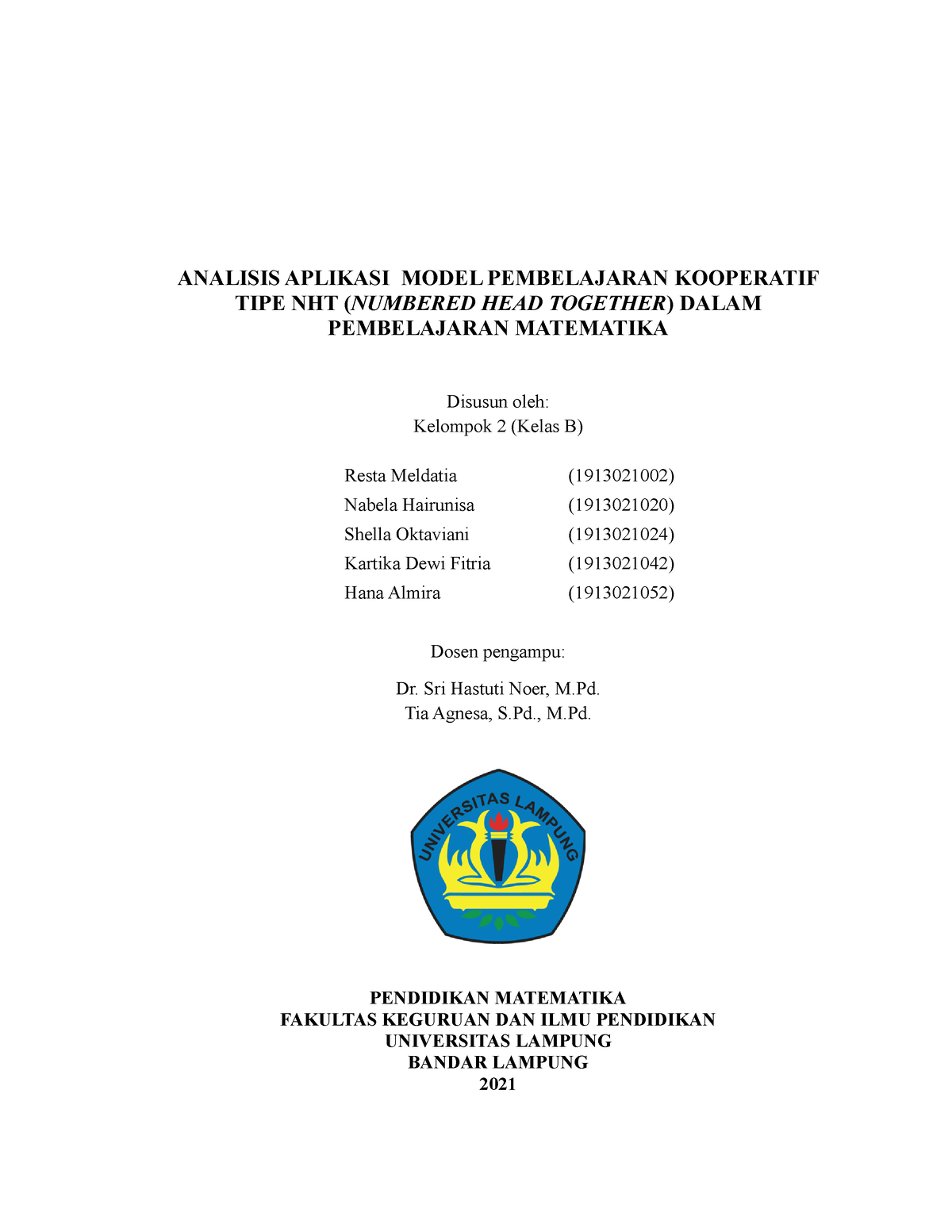 ANALISIS APLIKASI MODEL PEMBELAJARAN KOOPERATIF TIPE NHT (NUMBERED HEAD ...