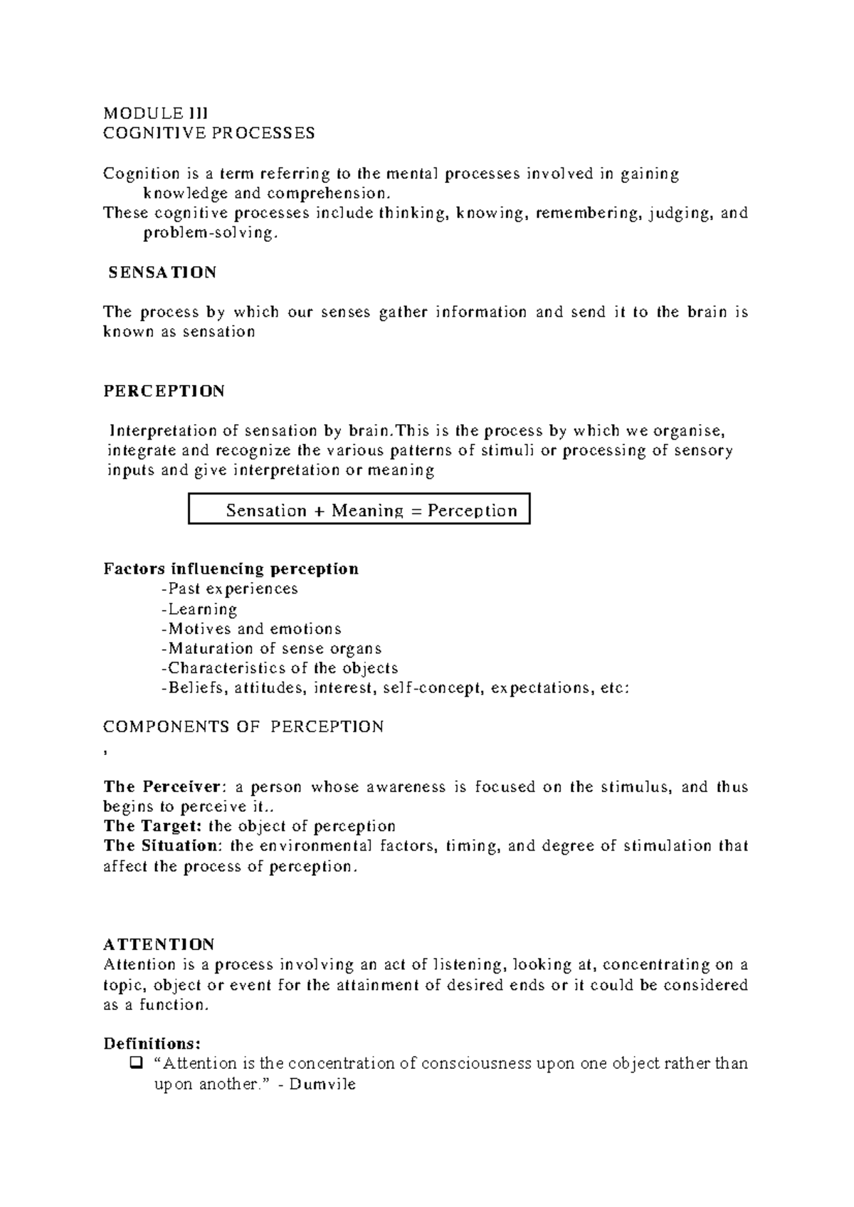 Value points module 3 - MODULE III COGNITIVE PROCESSES Cognition is a ...