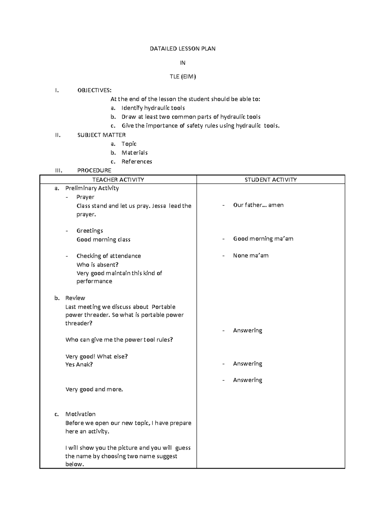 Datailed Lesson PLAN EIM - DATAILED LESSON PLAN IN TLE (EIM) I ...