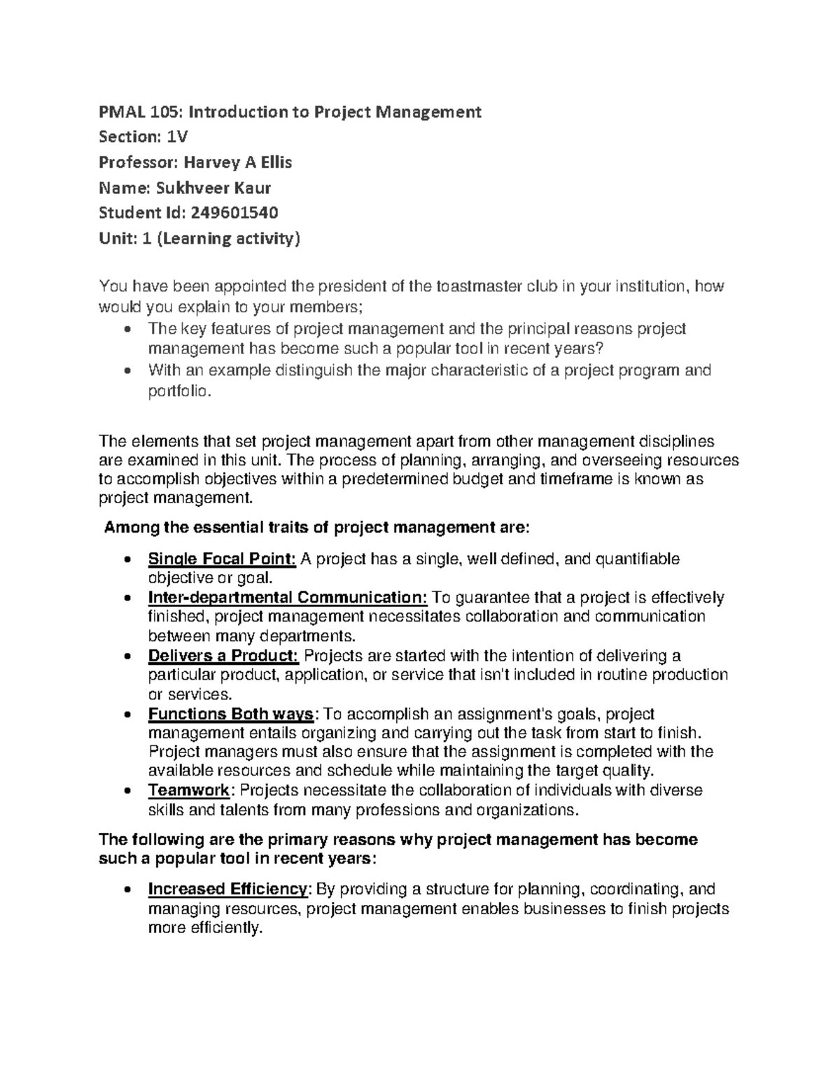 Learning Activity - Intoduction Of Project Management - Pmal 105 