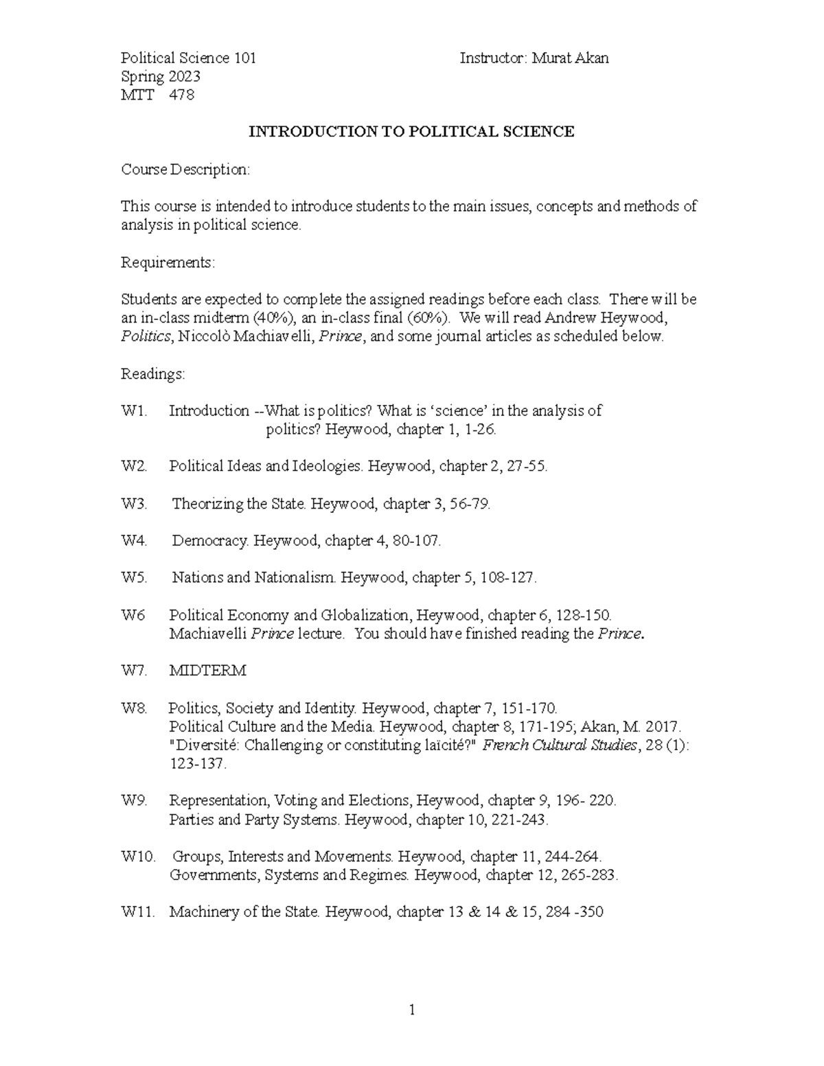 POLS 101 01 - Schedule Of Cirriculum - Political Science 101 Instructor ...