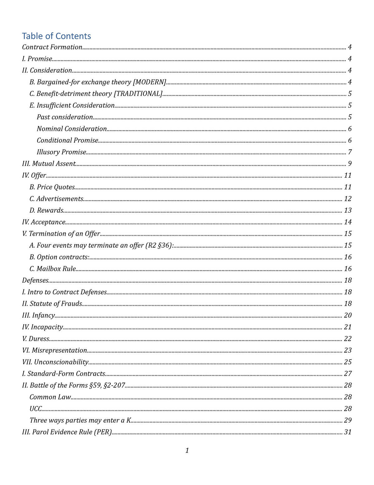 Contracts Outline Fall - Table of Contents Contract - Studocu