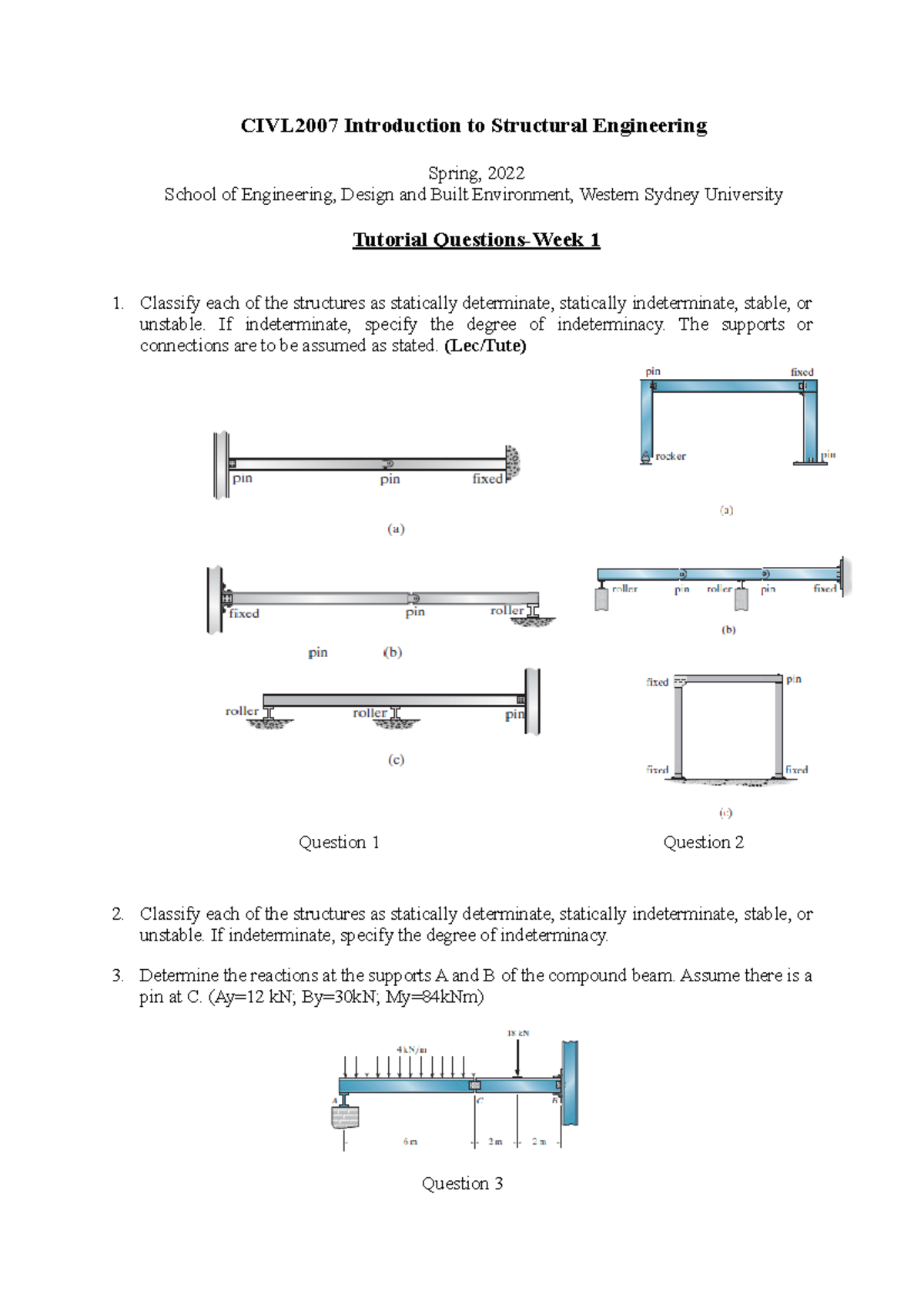 Tute Questions - Week 1-S2 2022 - CIVL2007 Introduction to Structural ...