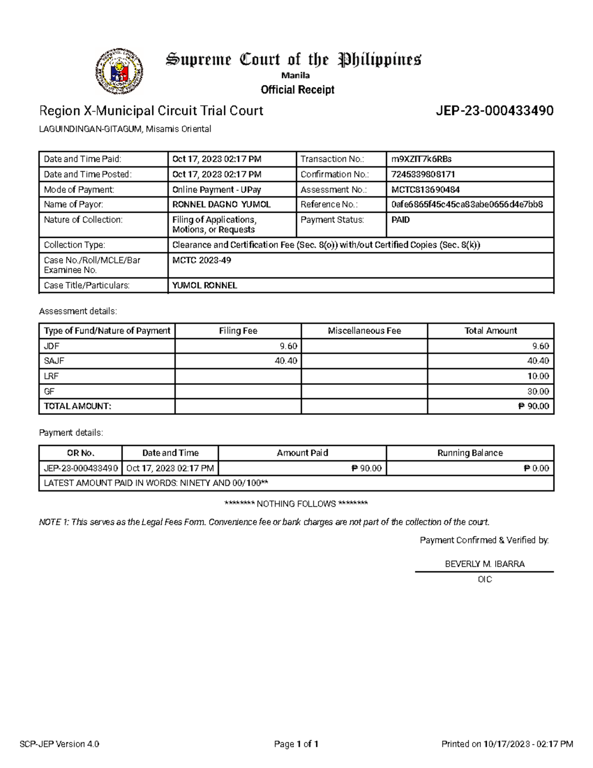 JEP23000433490 sample for activities Region XMunicipal Circuit