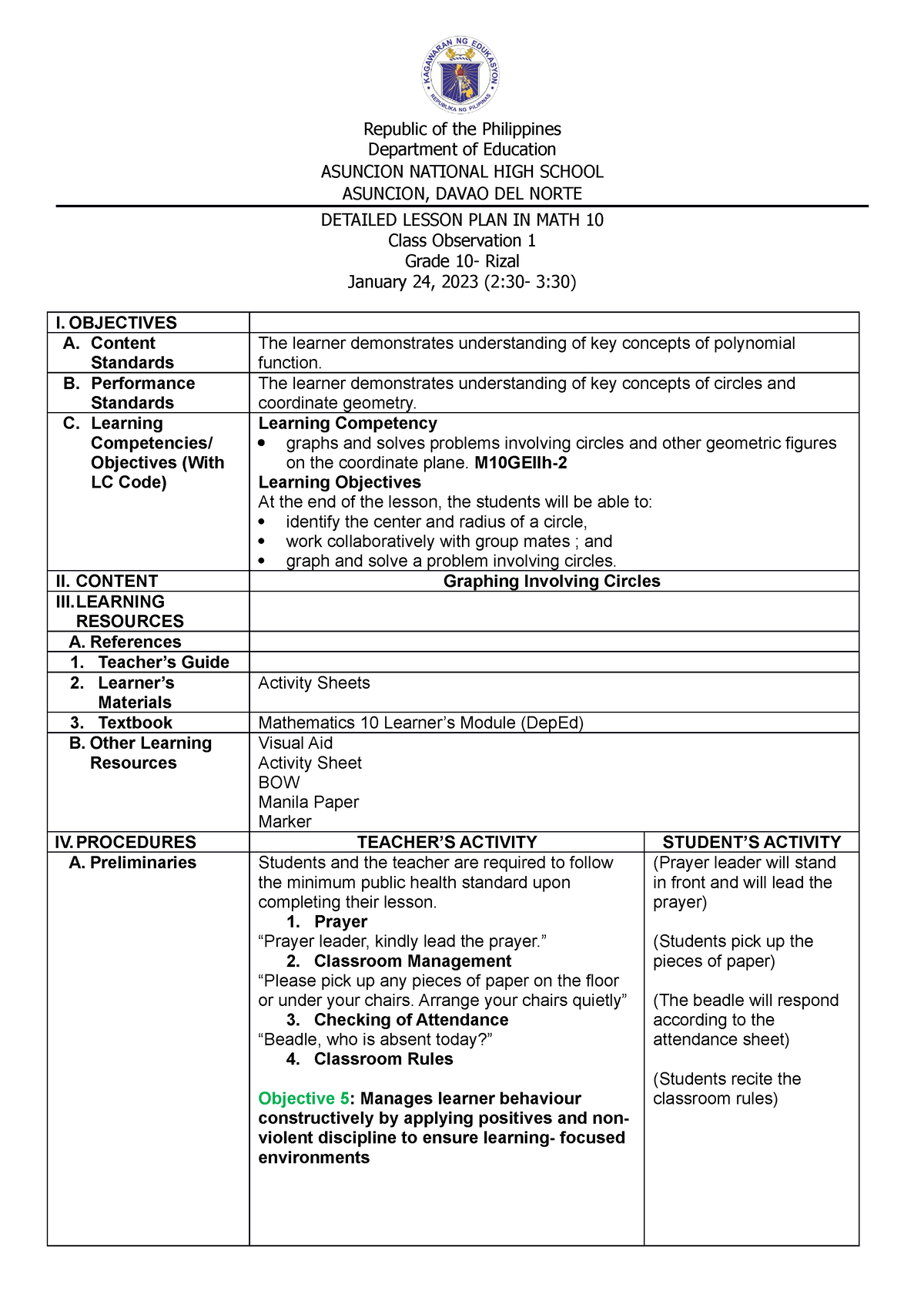 LP- CO1 - Lesson Plan Distance Formula - Republic of the Philippines ...